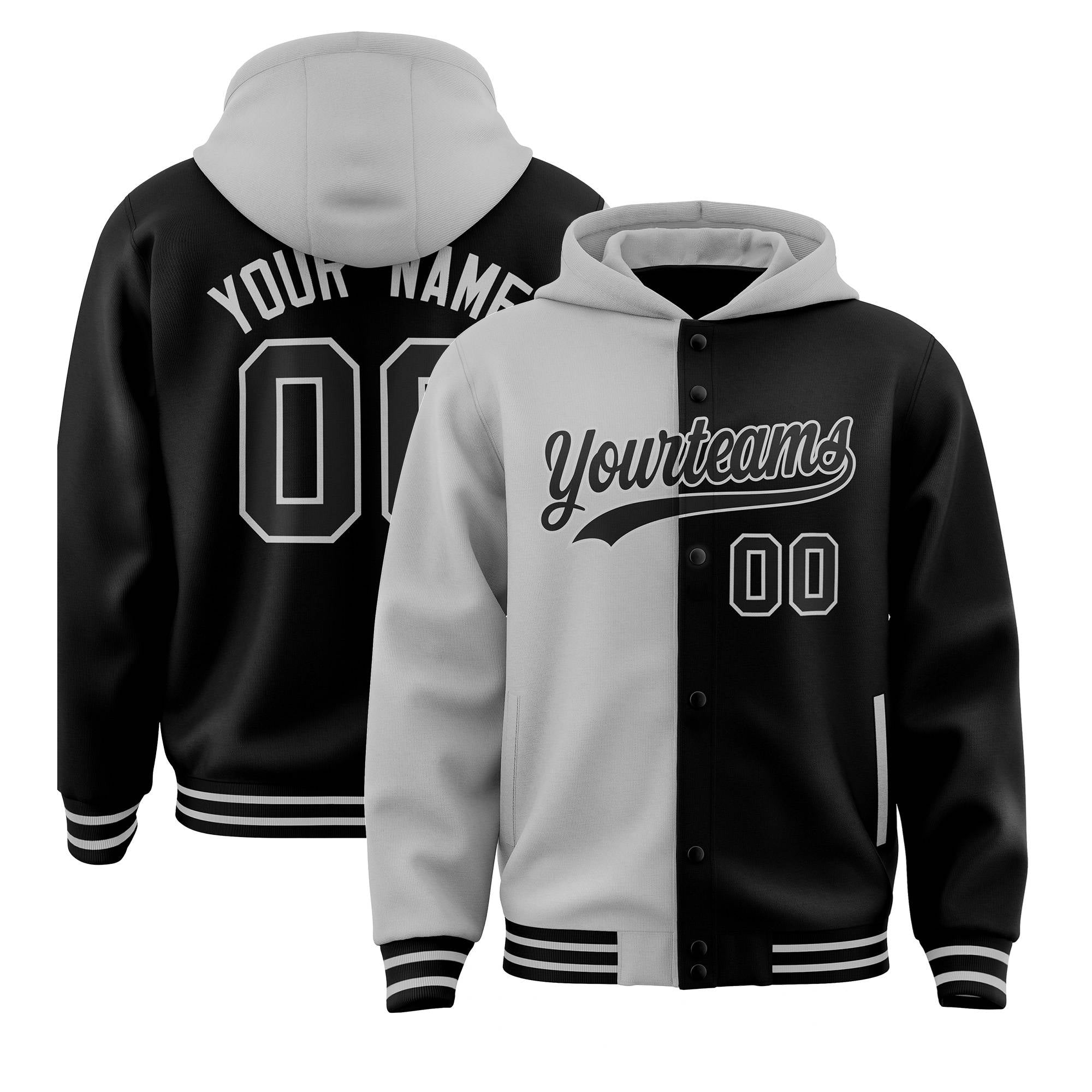 Custom Gray Black Split Fashion Varsity Full-Snap Letterman Two Tone Hoodie Jacket