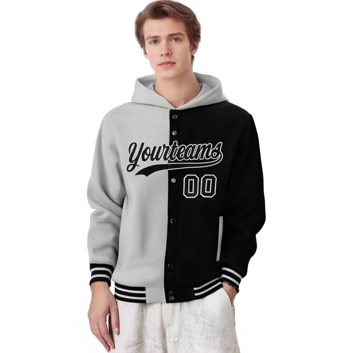 Custom Gray Black Split Fashion Varsity Full-Snap Letterman Two Tone Hoodie Jacket