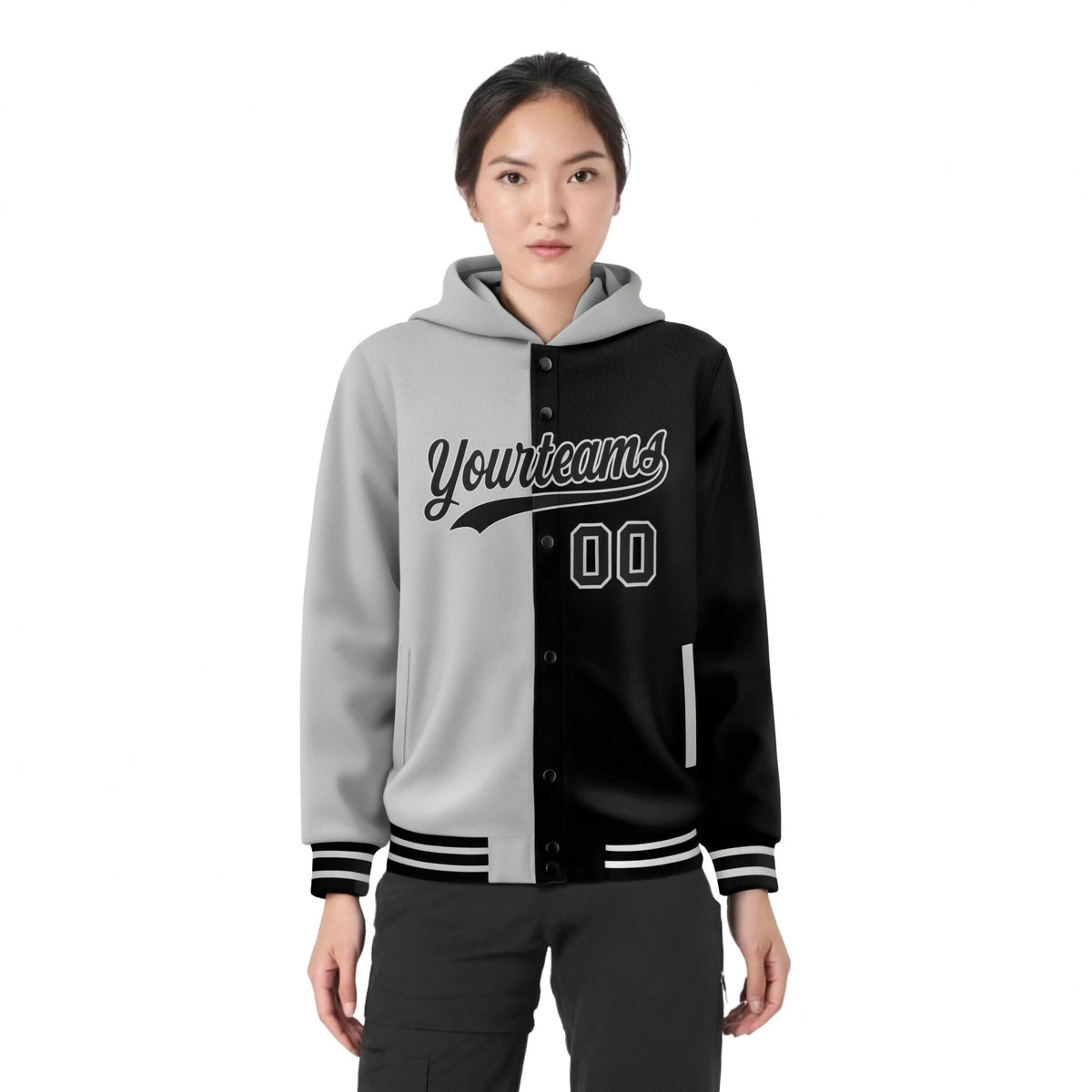 Custom Gray Black Split Fashion Varsity Full-Snap Letterman Two Tone Hoodie Jacket
