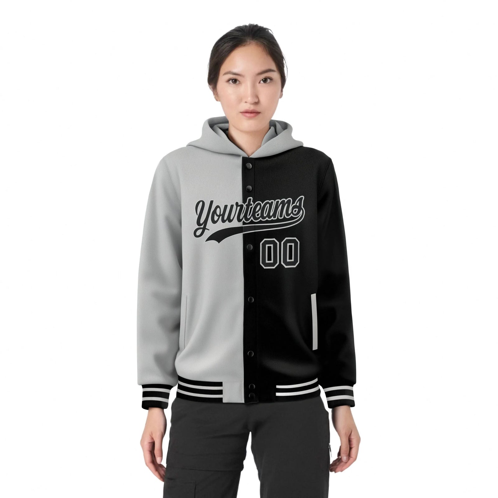 Custom Gray Black Split Fashion Varsity Full-Snap Letterman Two Tone Hoodie Jacket