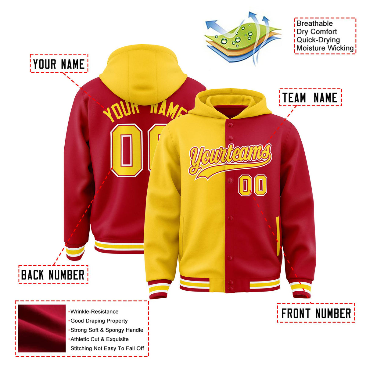 Custom Gold Red Split Fashion Varsity Full-Snap Letterman Two Tone Hoodie Jacket