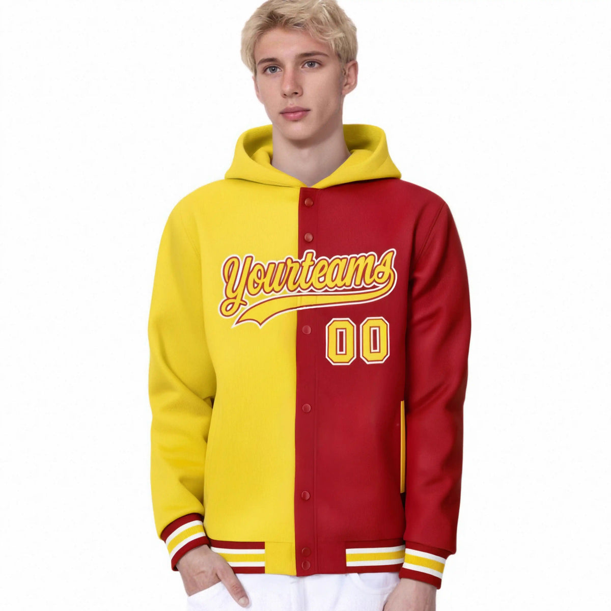 Custom Gold Red Split Fashion Varsity Full-Snap Letterman Two Tone Hoodie Jacket