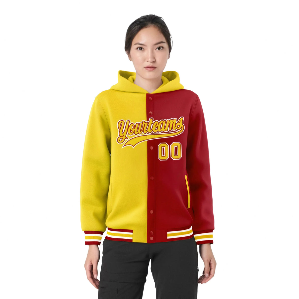 Custom Gold Red Split Fashion Varsity Full-Snap Letterman Two Tone Hoodie Jacket