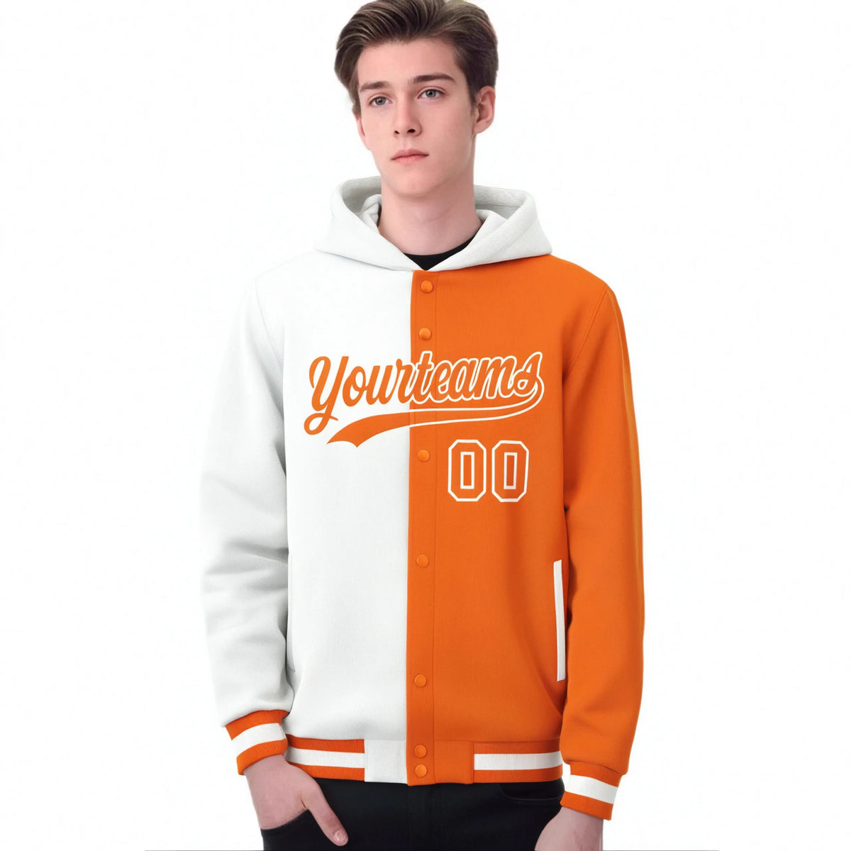 Custom White Orange Split Fashion Varsity Full-Snap Letterman Two Tone Hoodie Jacket
