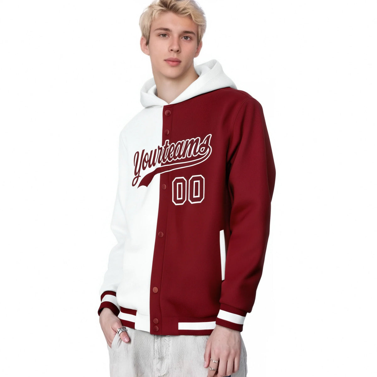 Custom White Crimson Split Fashion Varsity Full-Snap Letterman Two Tone Hoodie Jacket