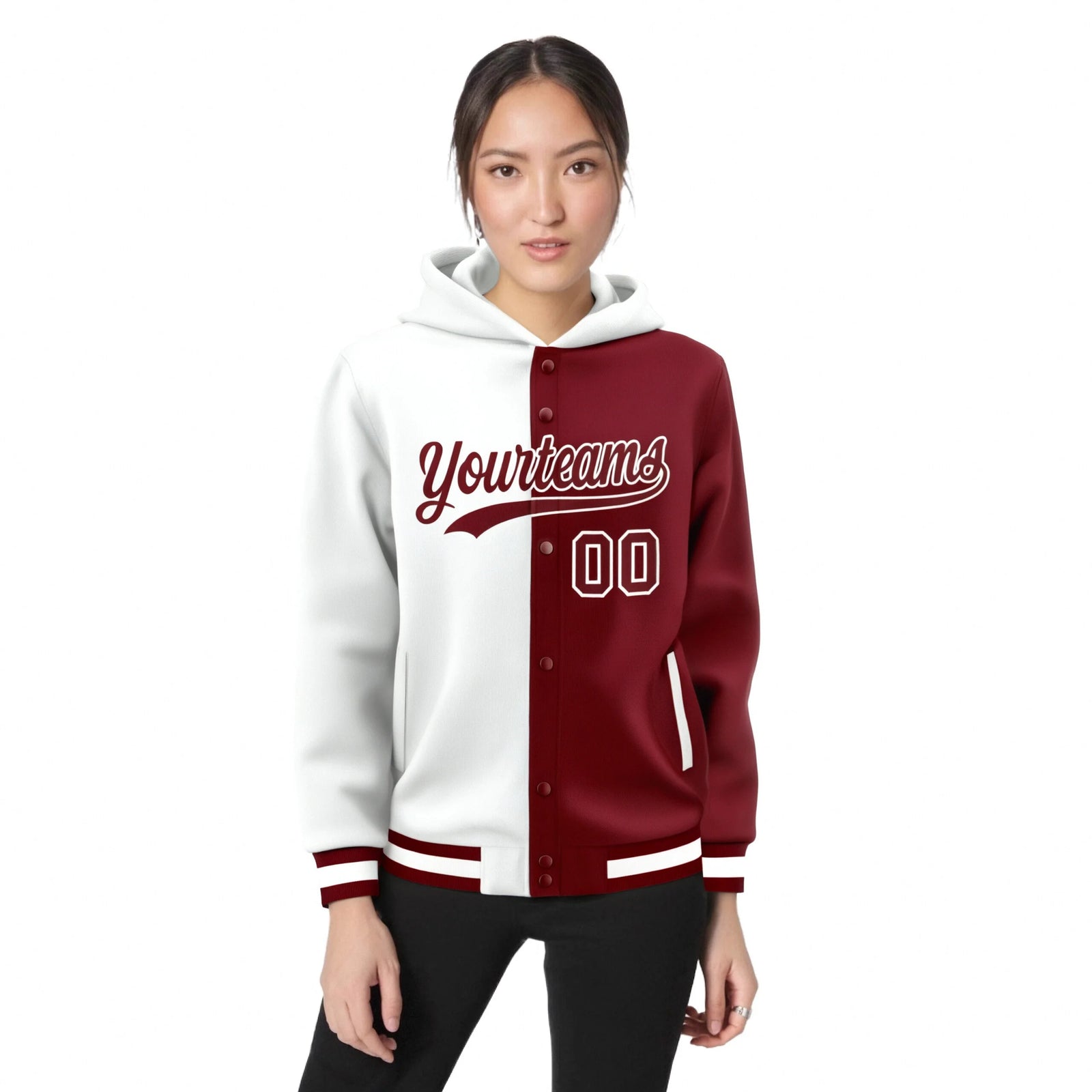Custom White Crimson Split Fashion Varsity Full-Snap Letterman Two Tone Hoodie Jacket