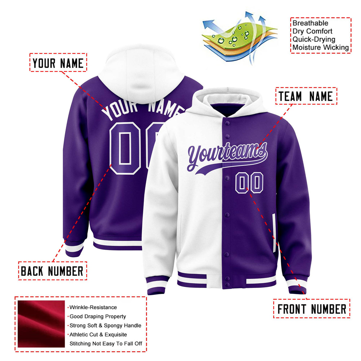 Custom White Purple Split Fashion Varsity Full-Snap Letterman Two Tone Hoodie Jacket
