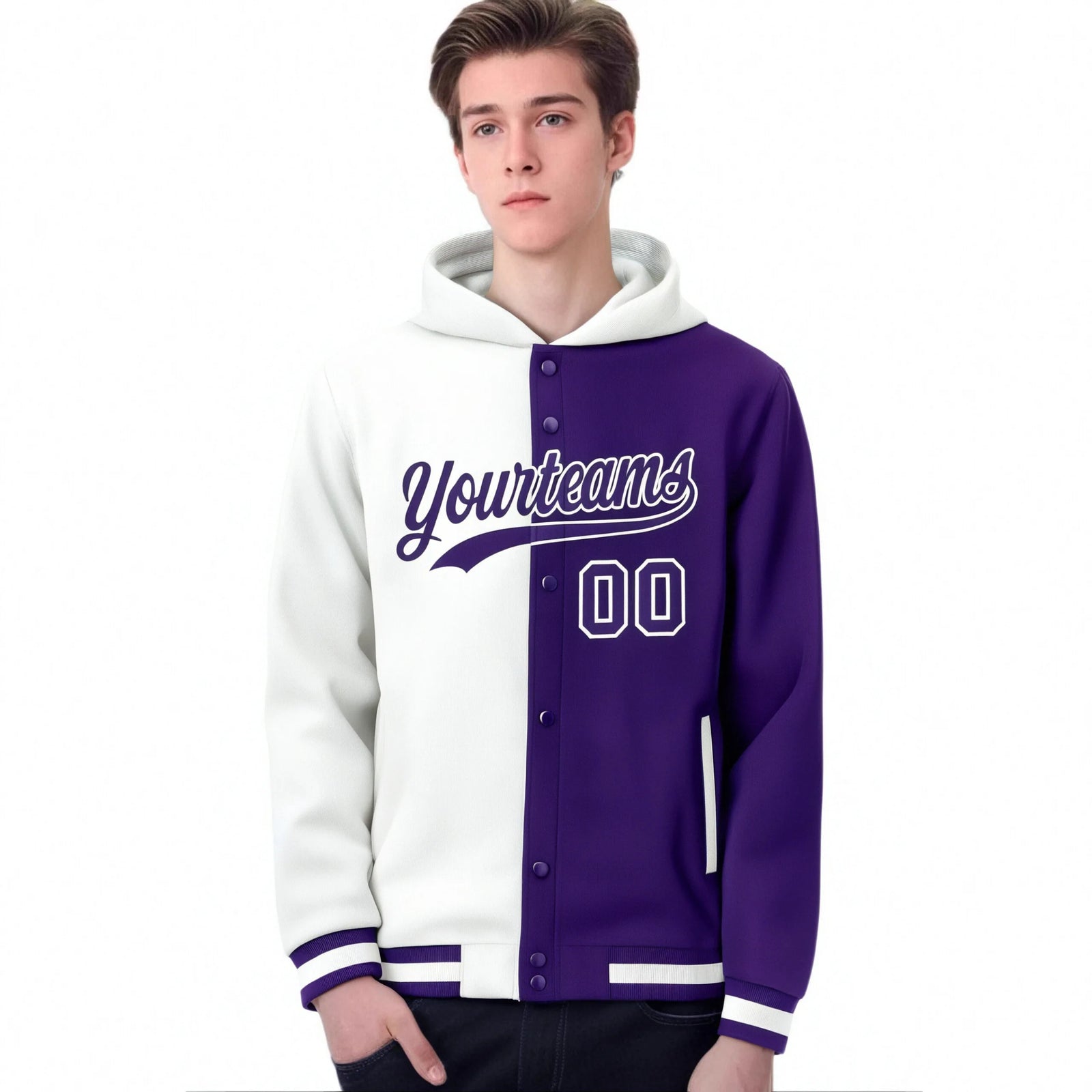 Custom White Purple Split Fashion Varsity Full-Snap Letterman Two Tone Hoodie Jacket