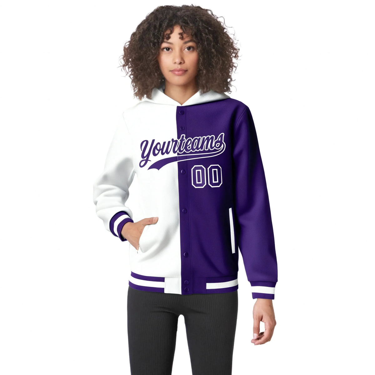 Custom White Purple Split Fashion Varsity Full-Snap Letterman Two Tone Hoodie Jacket