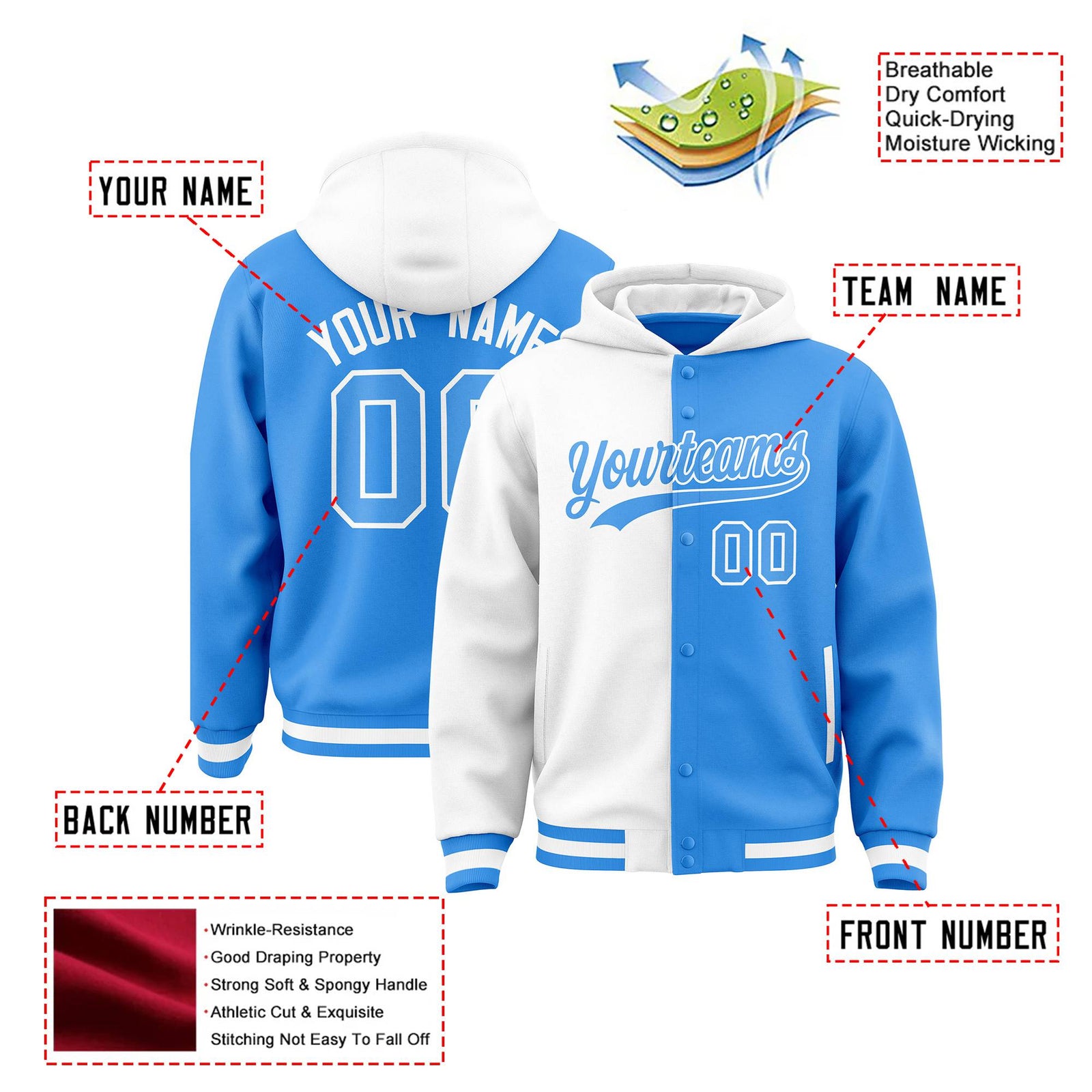 Custom White Powder Blue Split Fashion Varsity Full-Snap Letterman Two Tone Hoodie Jacket