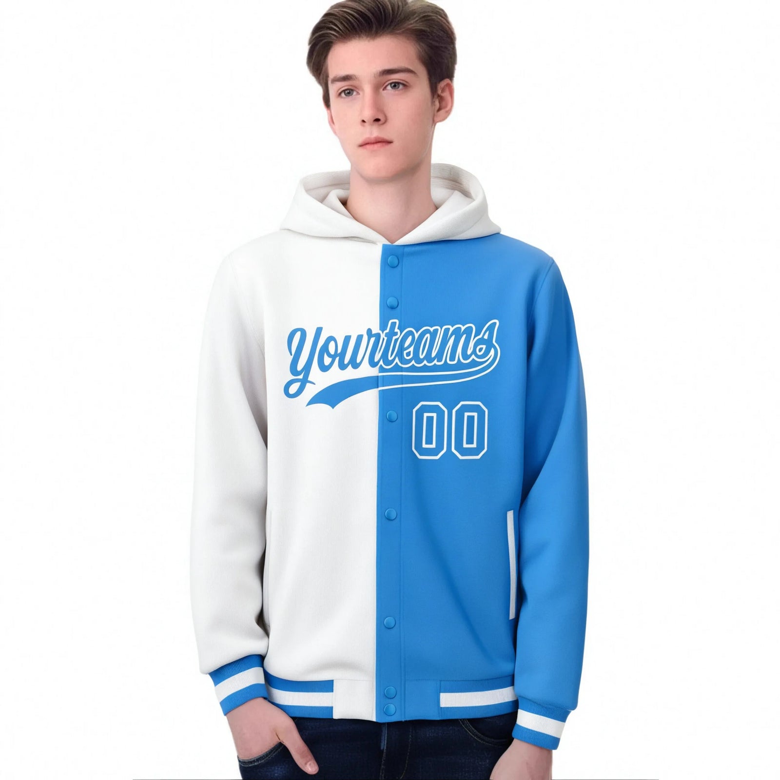 Custom White Powder Blue Split Fashion Varsity Full-Snap Letterman Two Tone Hoodie Jacket
