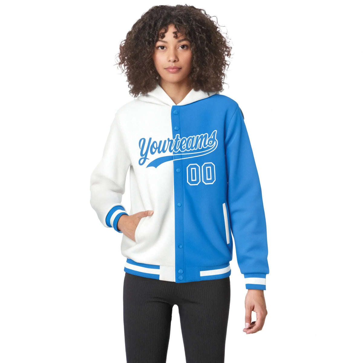 Custom White Powder Blue Split Fashion Varsity Full-Snap Letterman Two Tone Hoodie Jacket