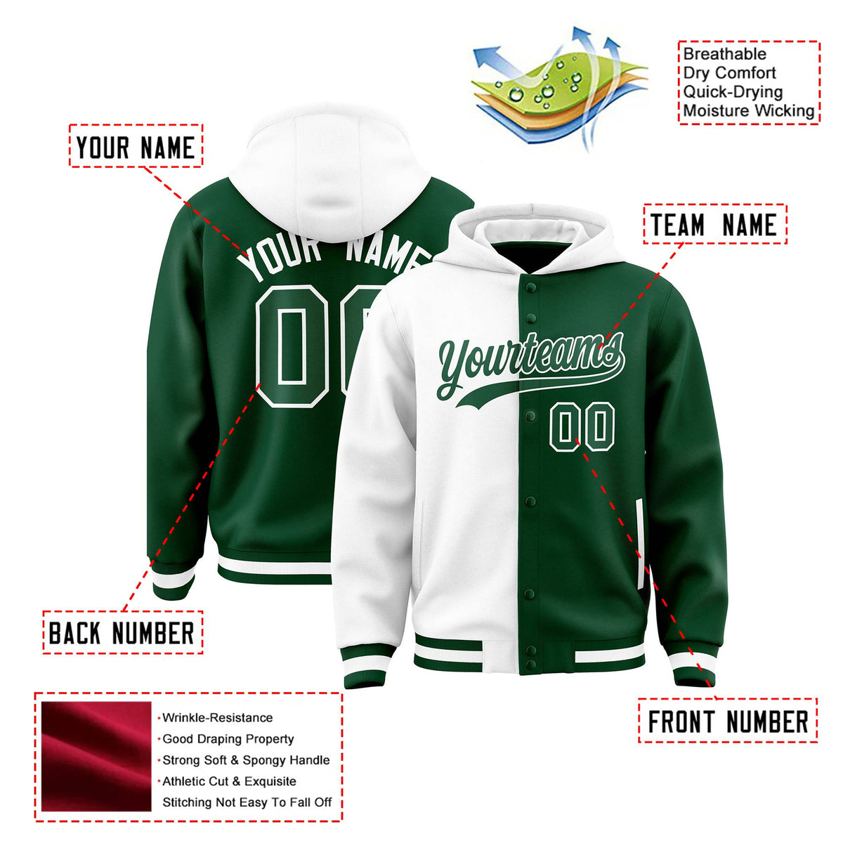 Custom White Green Split Fashion Varsity Full-Snap Letterman Two Tone Hoodie Jacket