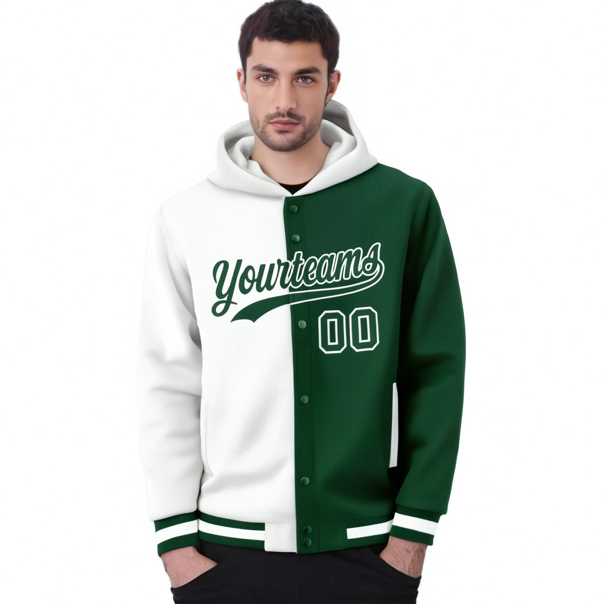 Custom White Green Split Fashion Varsity Full-Snap Letterman Two Tone Hoodie Jacket