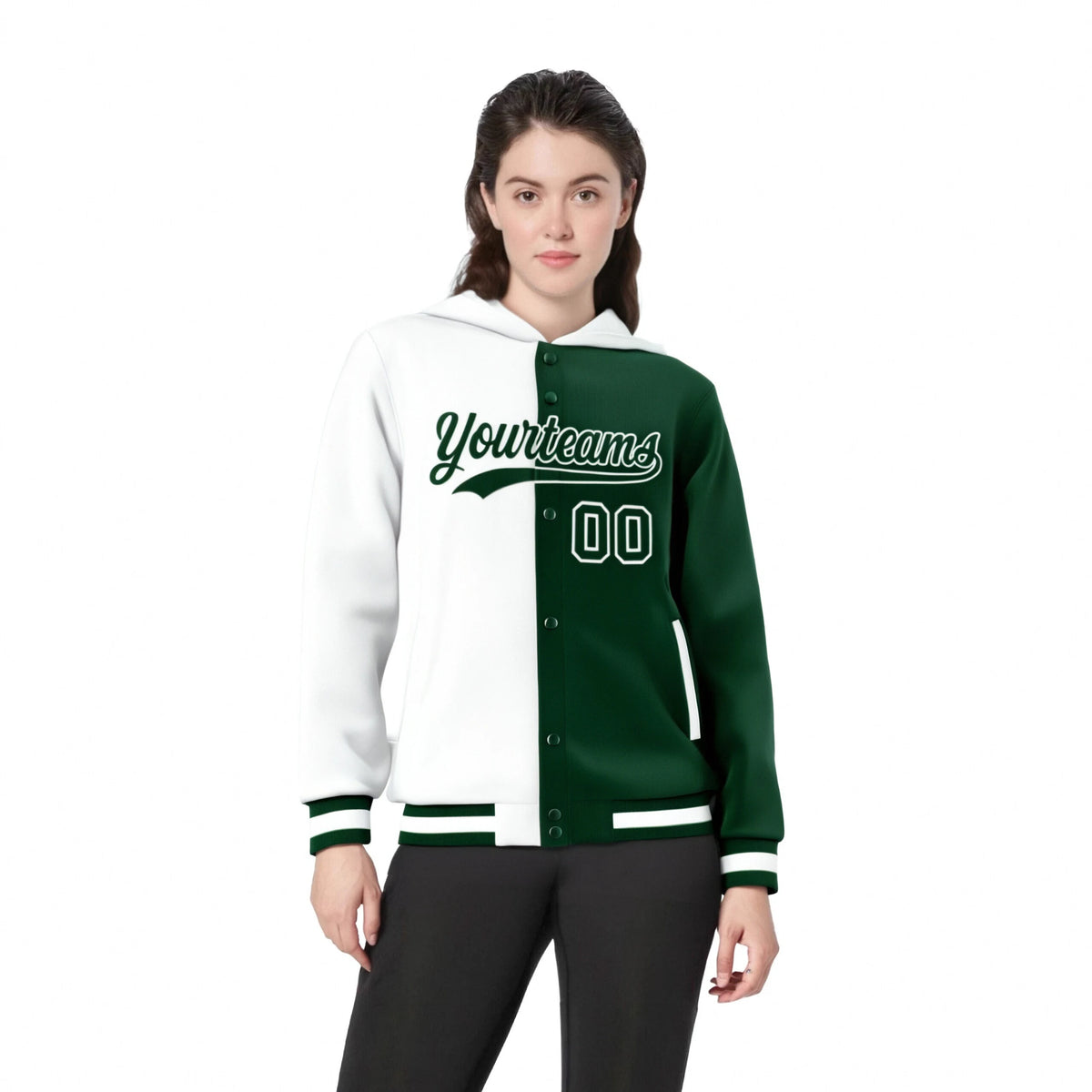 Custom White Green Split Fashion Varsity Full-Snap Letterman Two Tone Hoodie Jacket