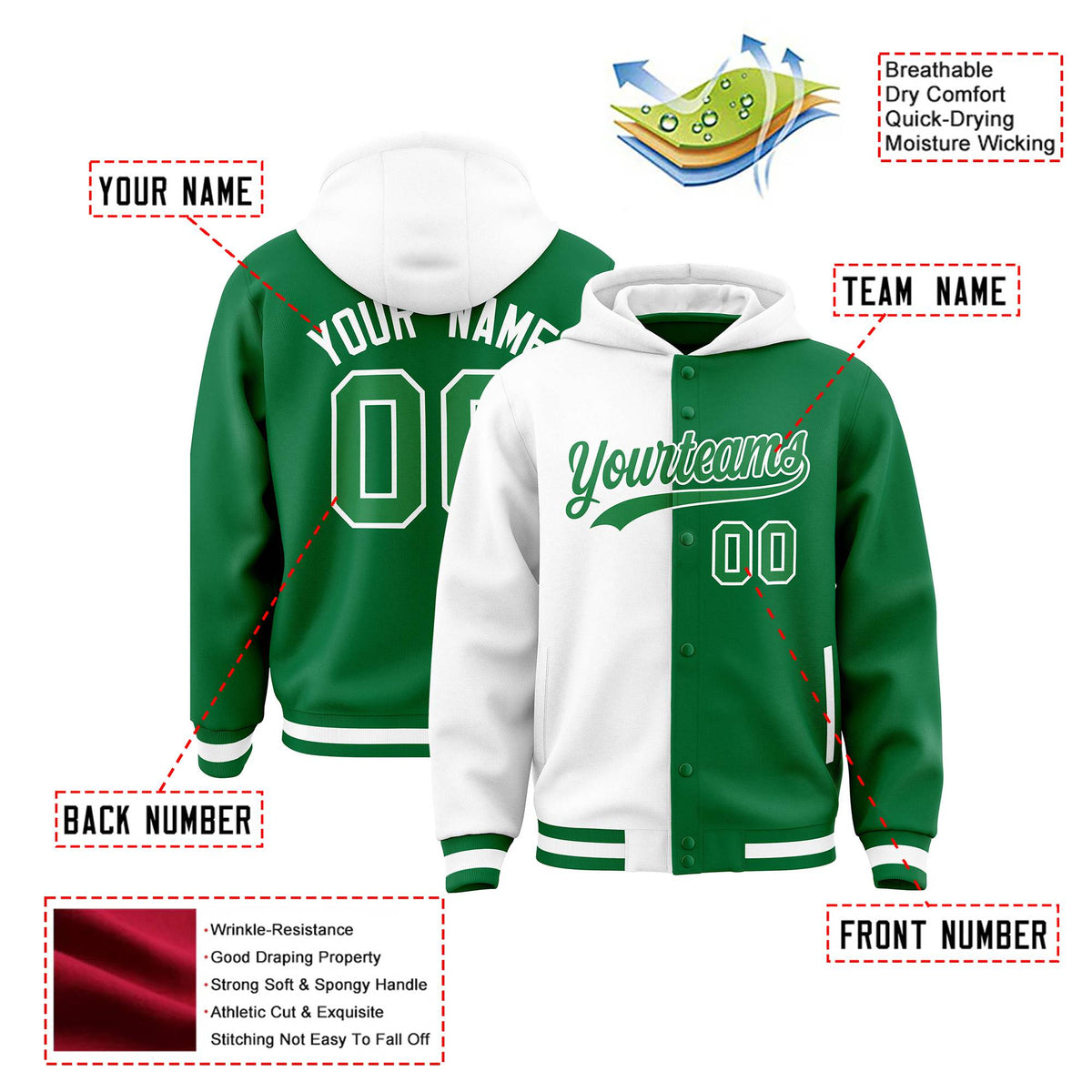 Custom White Kelly Green Split Fashion Varsity Full-Snap Letterman Two Tone Hoodie Jacket