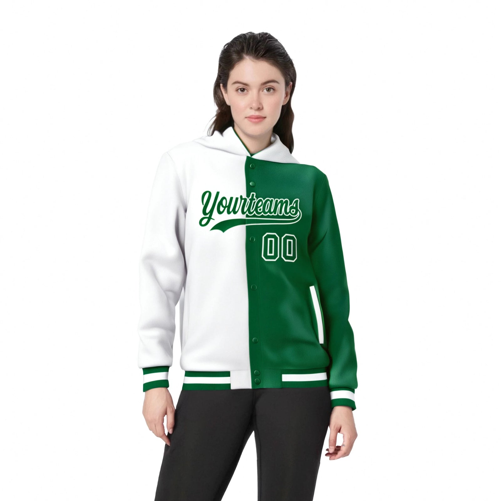 Custom White Kelly Green Split Fashion Varsity Full-Snap Letterman Two Tone Hoodie Jacket
