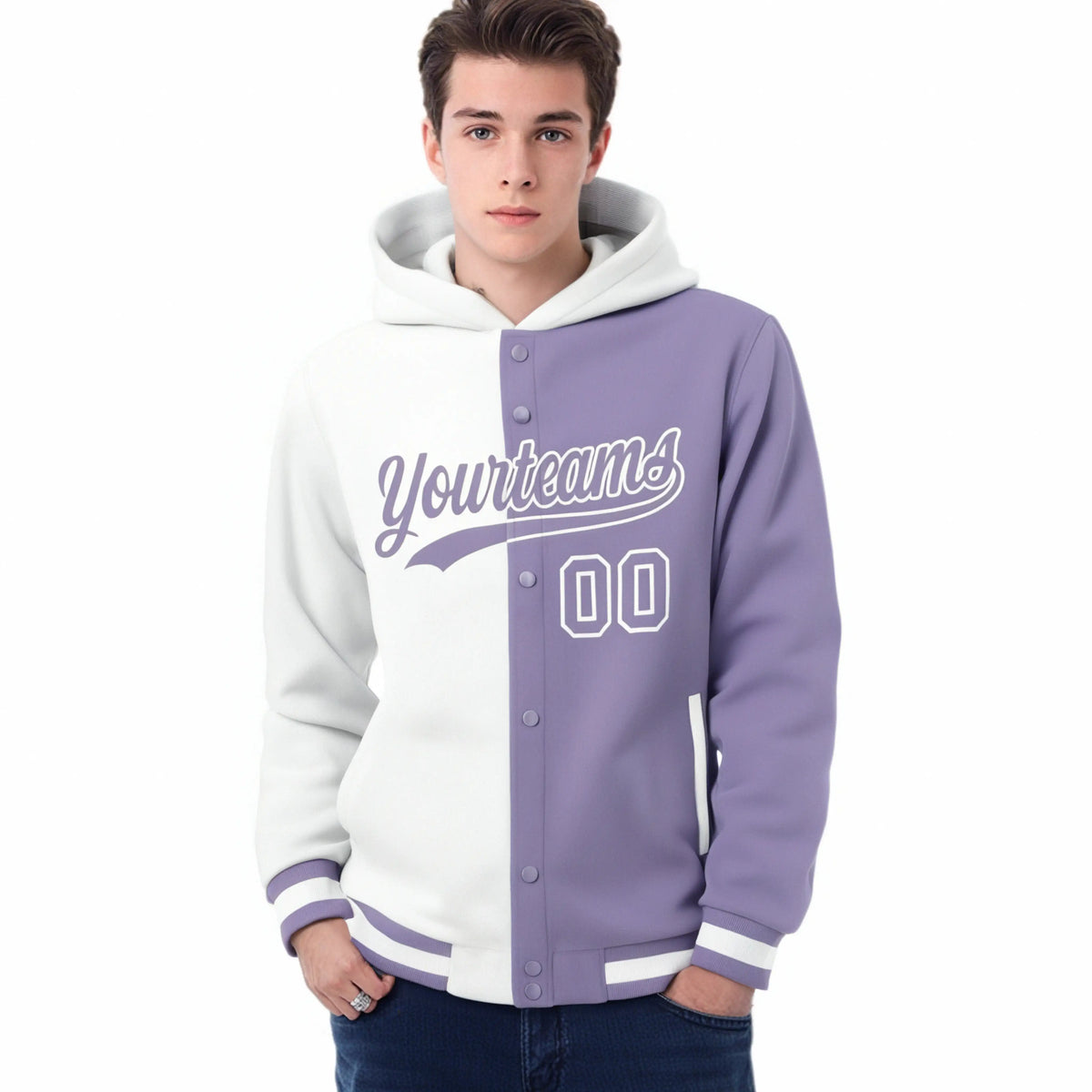 Custom White Light Purple Split Fashion Varsity Full-Snap Letterman Two Tone Hoodie Jacket