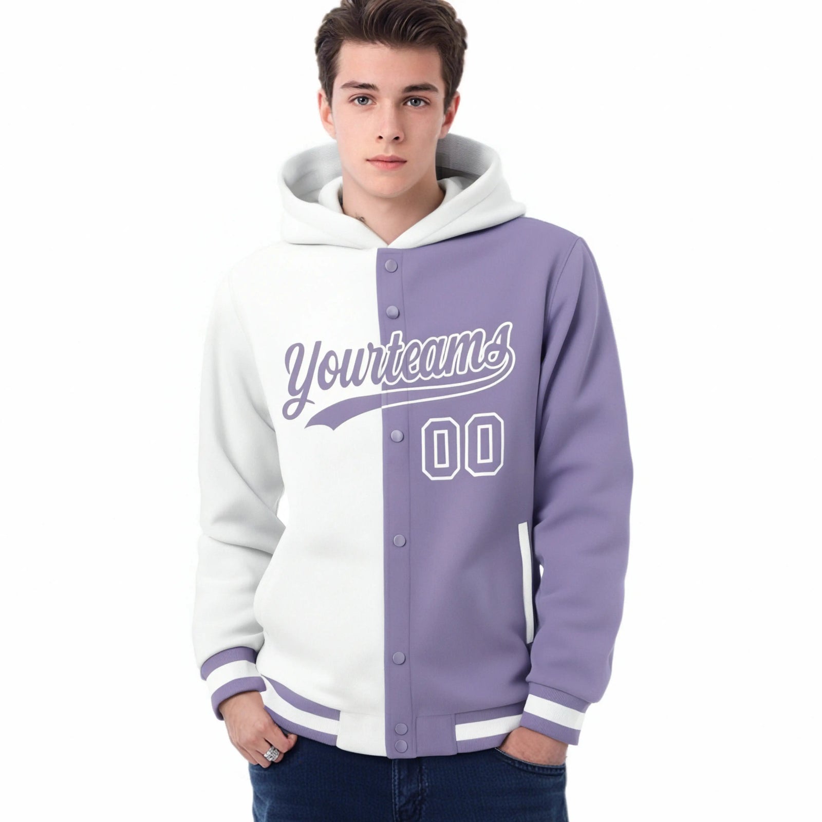 Custom White Light Purple Split Fashion Varsity Full-Snap Letterman Two Tone Hoodie Jacket