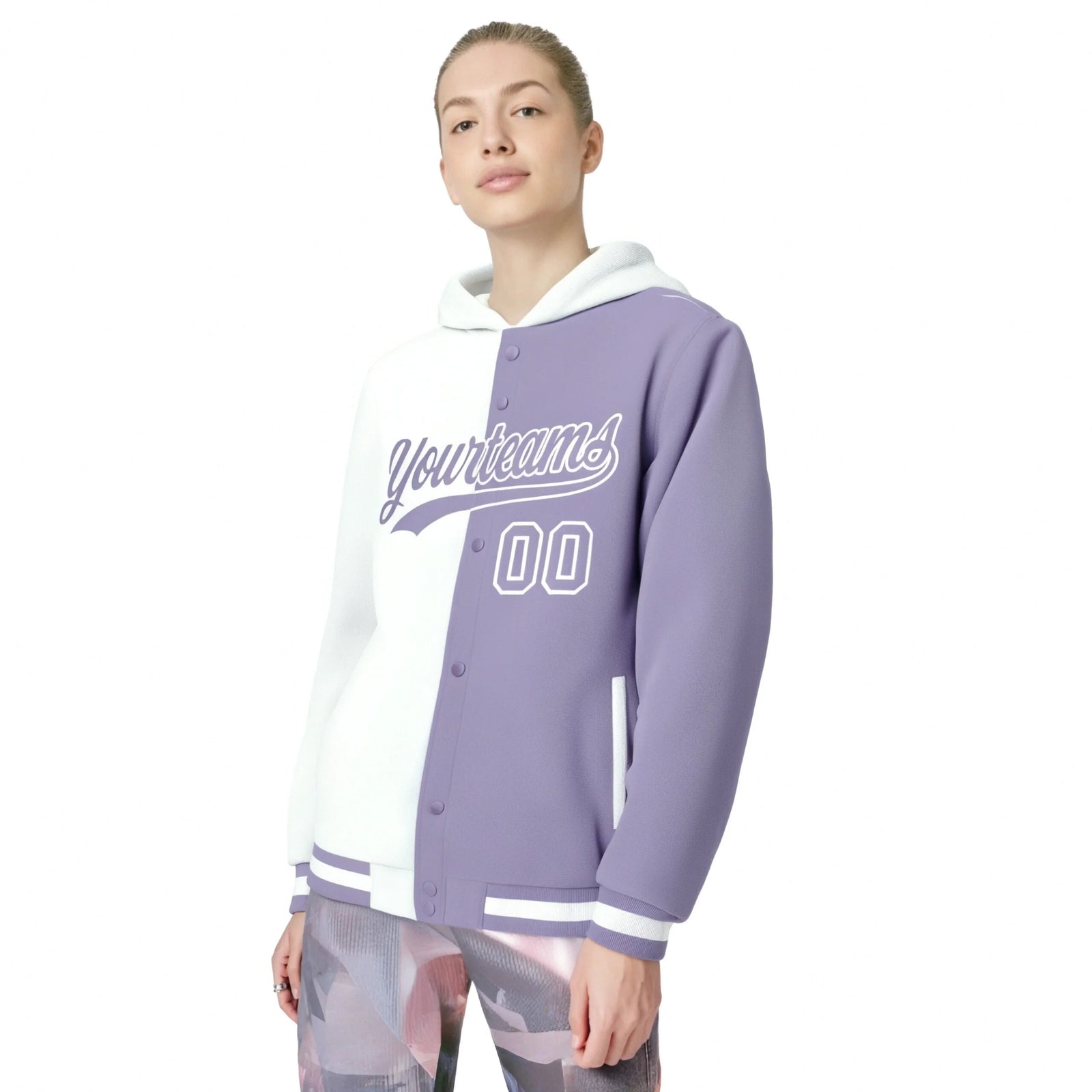 Custom White Light Purple Split Fashion Varsity Full-Snap Letterman Two Tone Hoodie Jacket