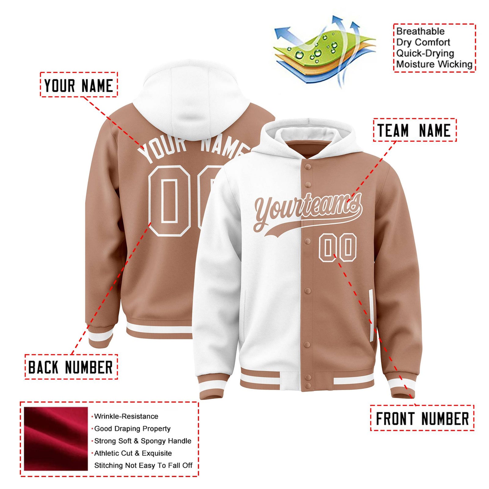Custom White Light Brown Split Fashion Varsity Full-Snap Letterman Two Tone Hoodie Jacket