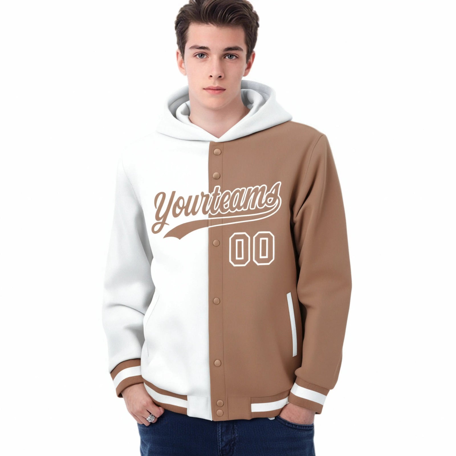 Custom White Light Brown Split Fashion Varsity Full-Snap Letterman Two Tone Hoodie Jacket