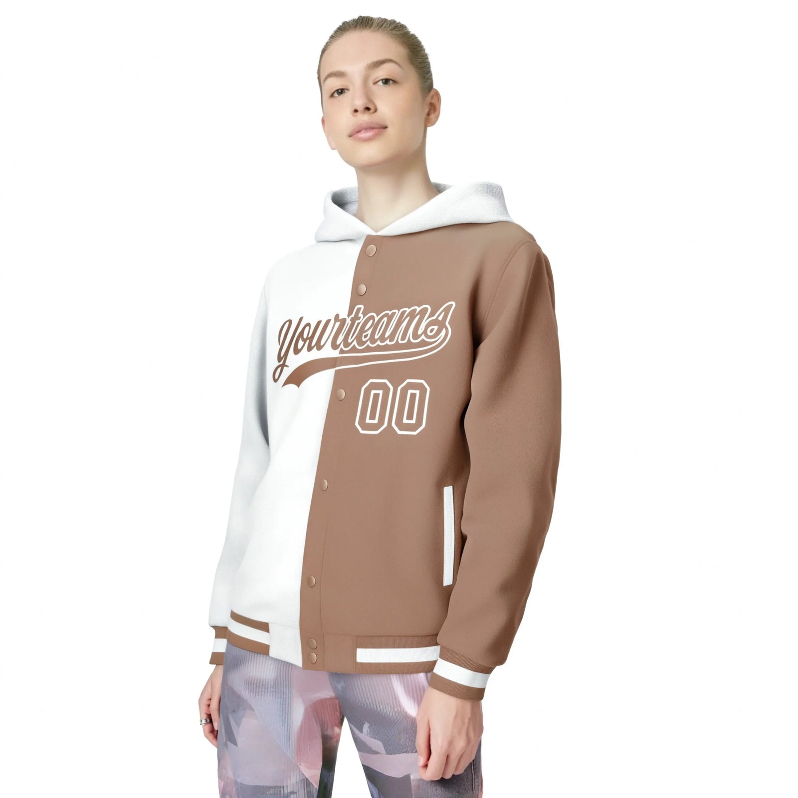 Custom White Light Brown Split Fashion Varsity Full-Snap Letterman Two Tone Hoodie Jacket