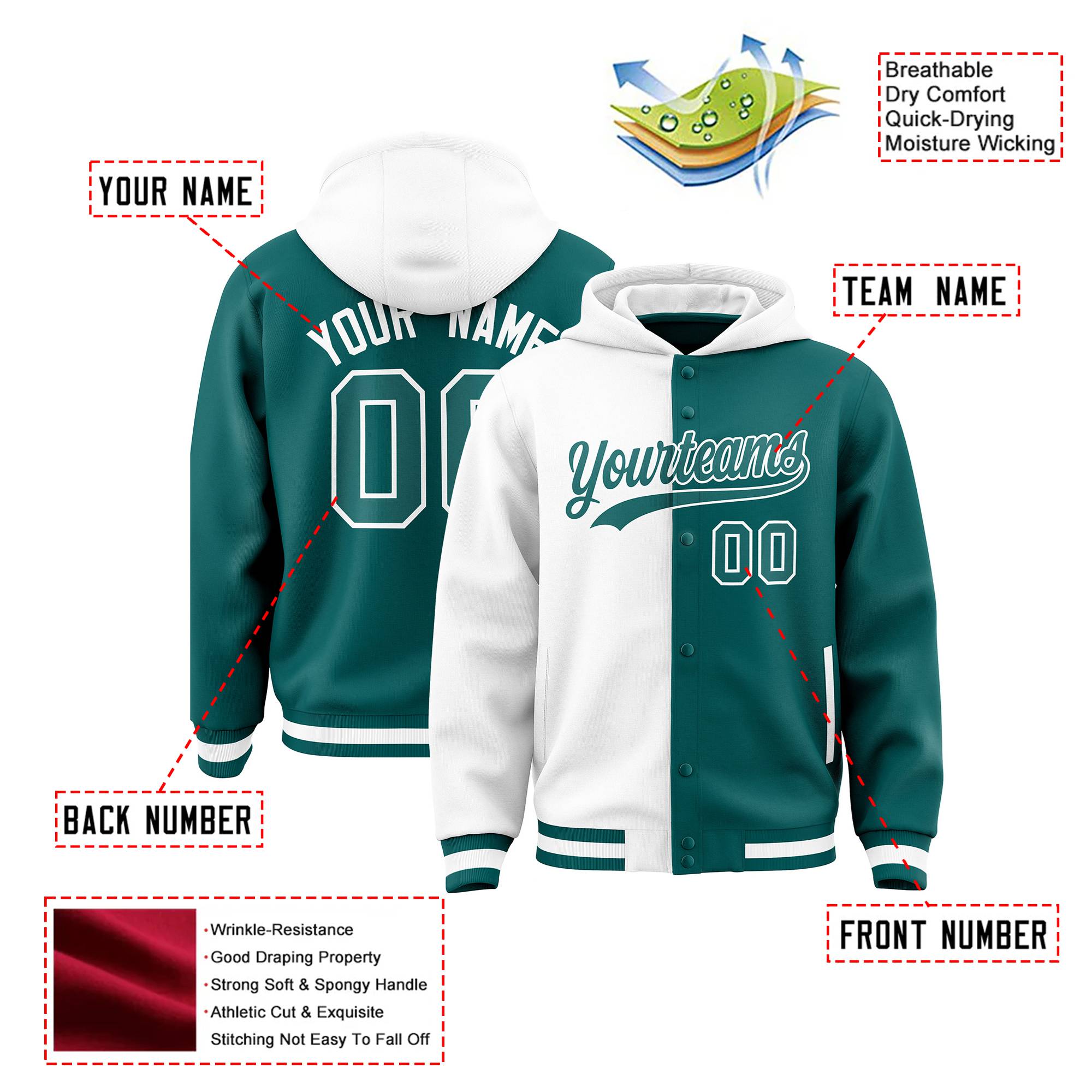 Custom White Aqua Split Fashion Varsity Full-Snap Letterman Two Tone Hoodie Jacket