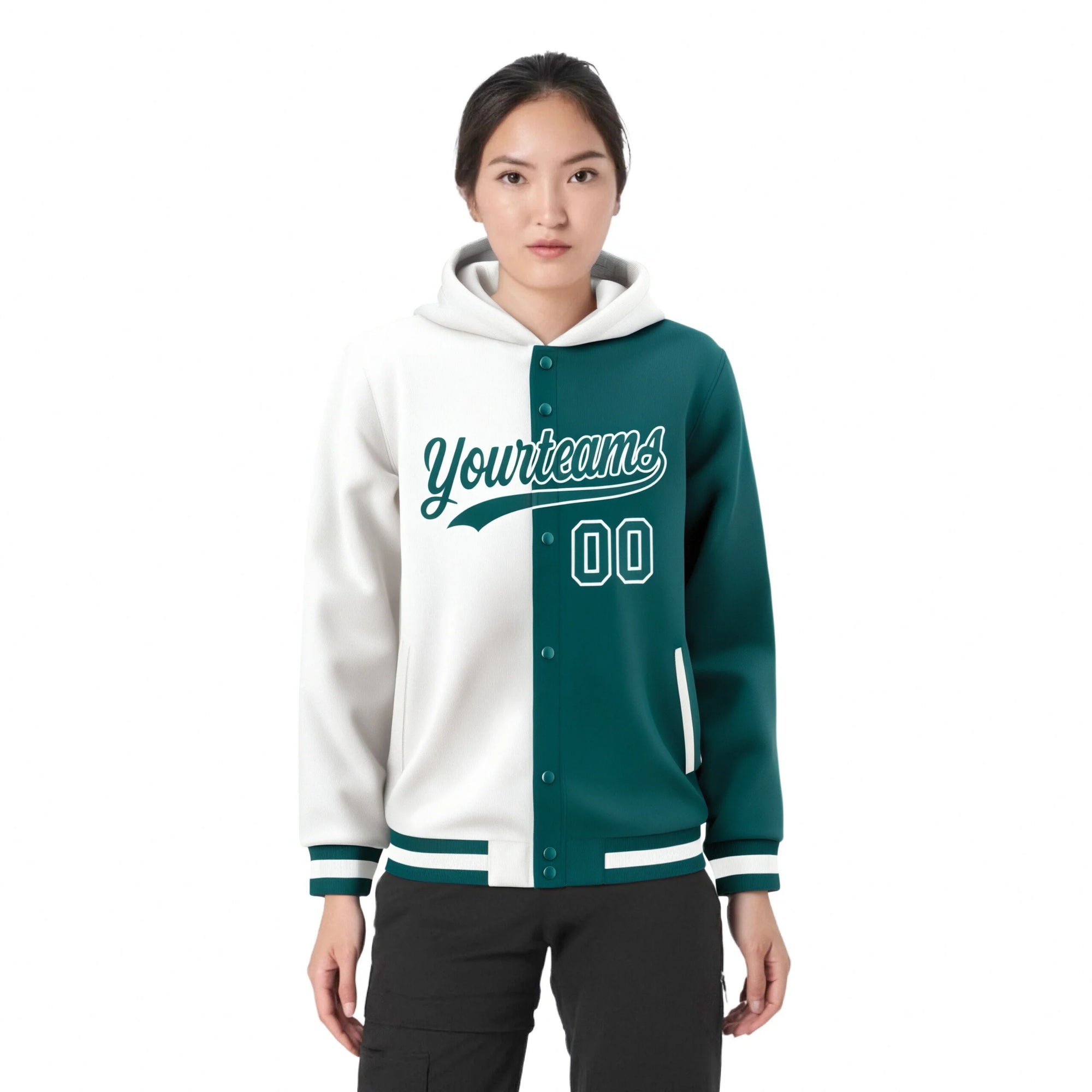 Custom White Aqua Split Fashion Varsity Full-Snap Letterman Two Tone Hoodie Jacket