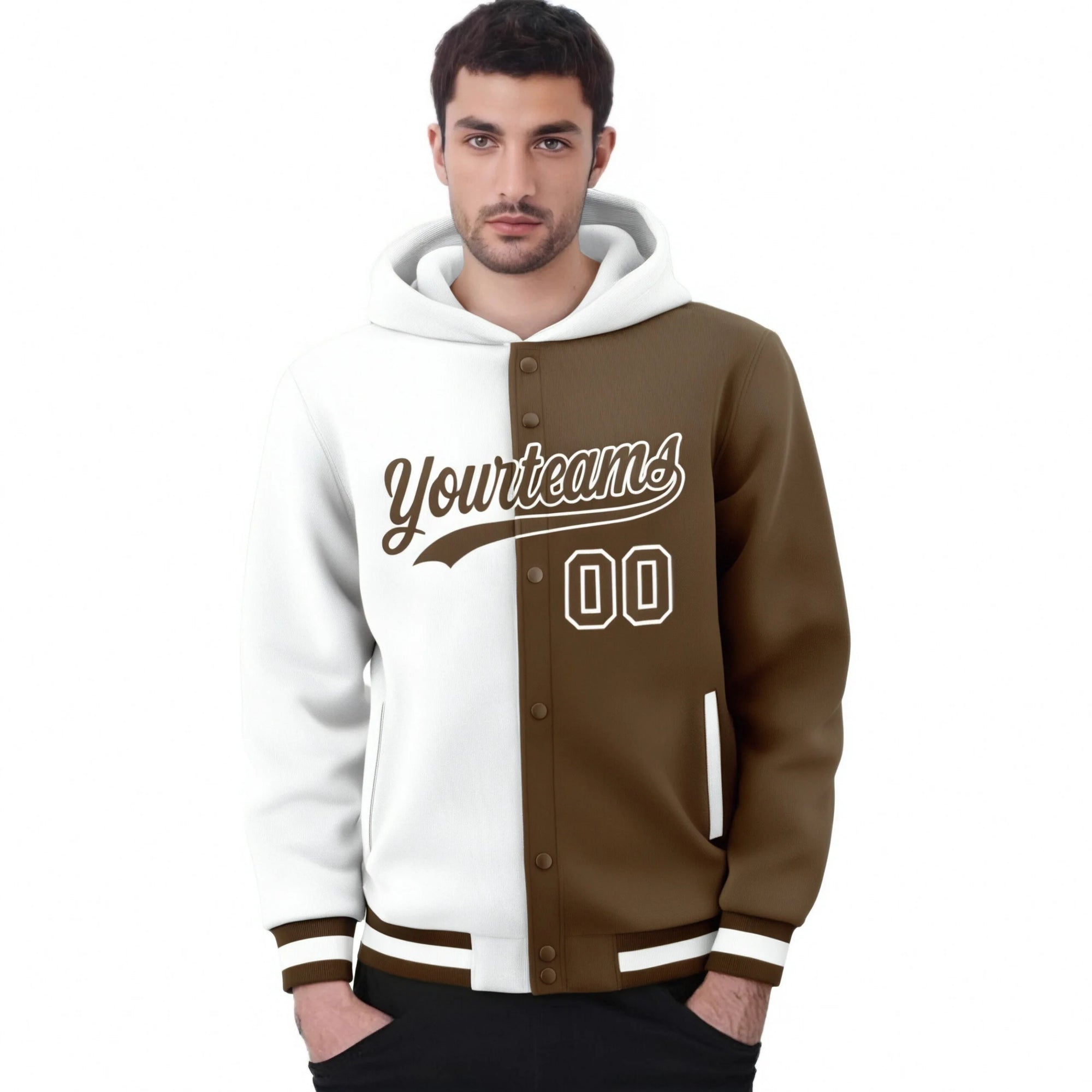 Custom White Brown Split Fashion Varsity Full-Snap Letterman Two Tone Hoodie Jacket