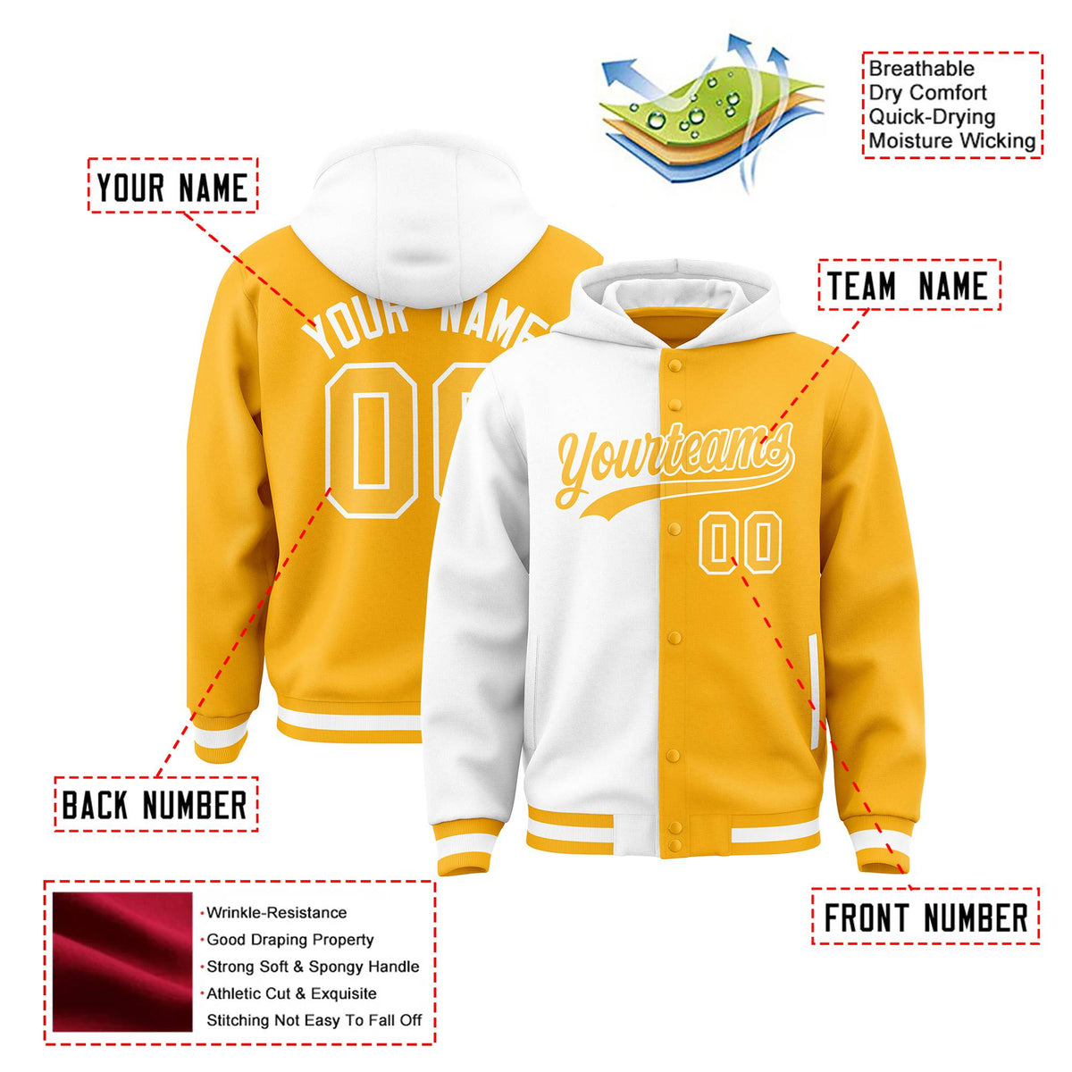 Custom White Yellow Split Fashion Varsity Full-Snap Letterman Two Tone Hoodie Jacket