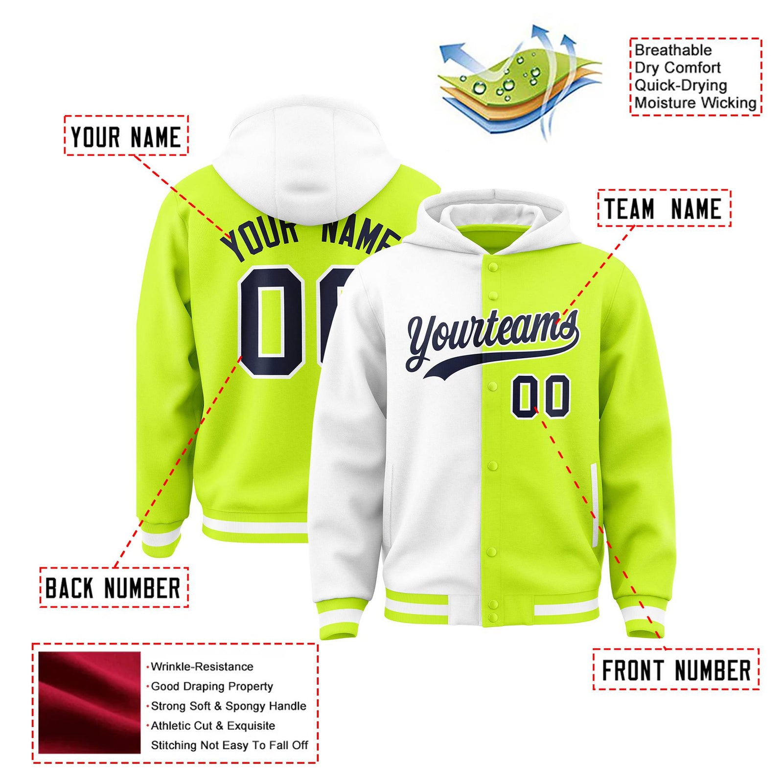 Custom White Fluorescent Green Split Fashion Varsity Full-Snap Letterman Two Tone Hoodie Jacket