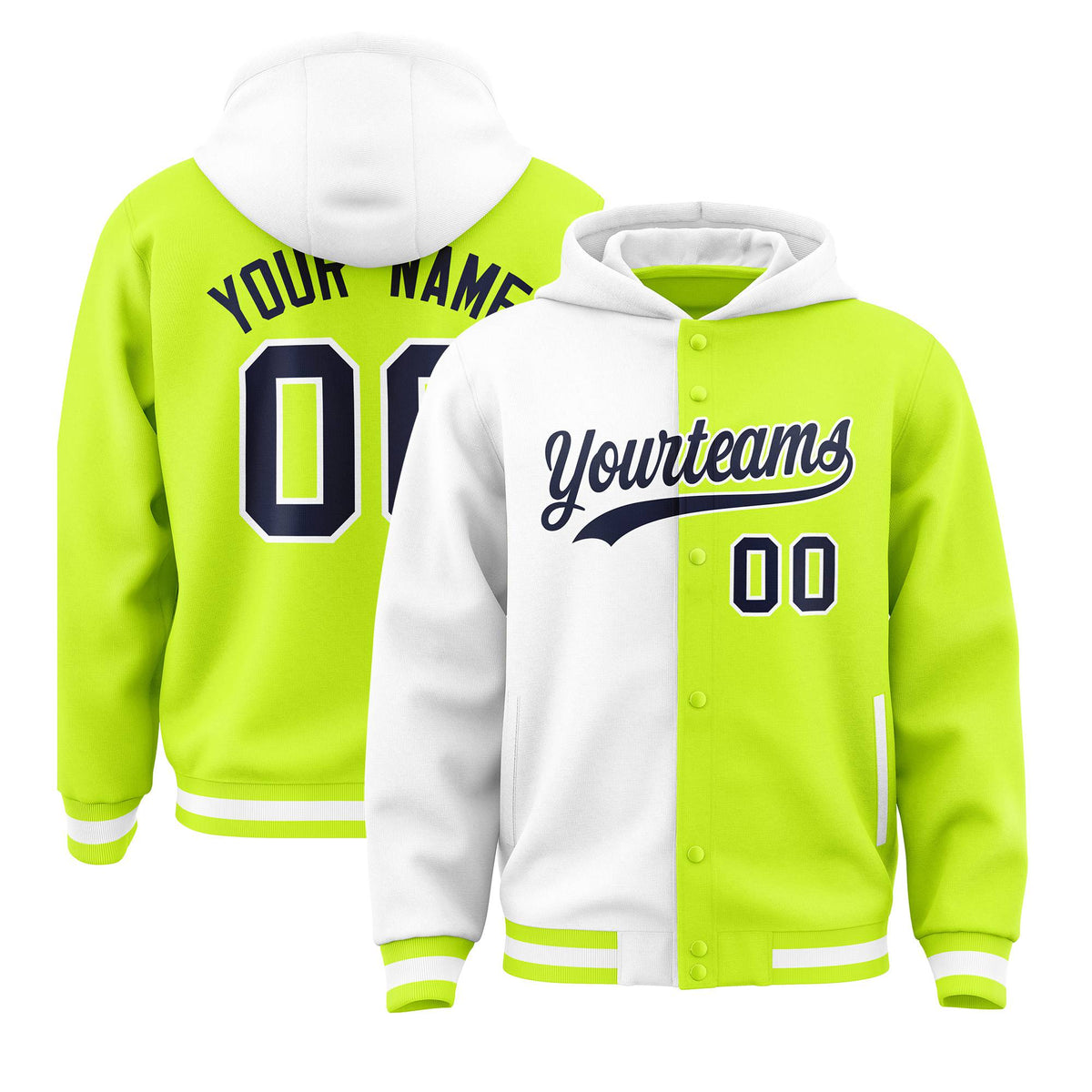Custom White Fluorescent Green Split Fashion Varsity Full-Snap Letterman Two Tone Hoodie Jacket