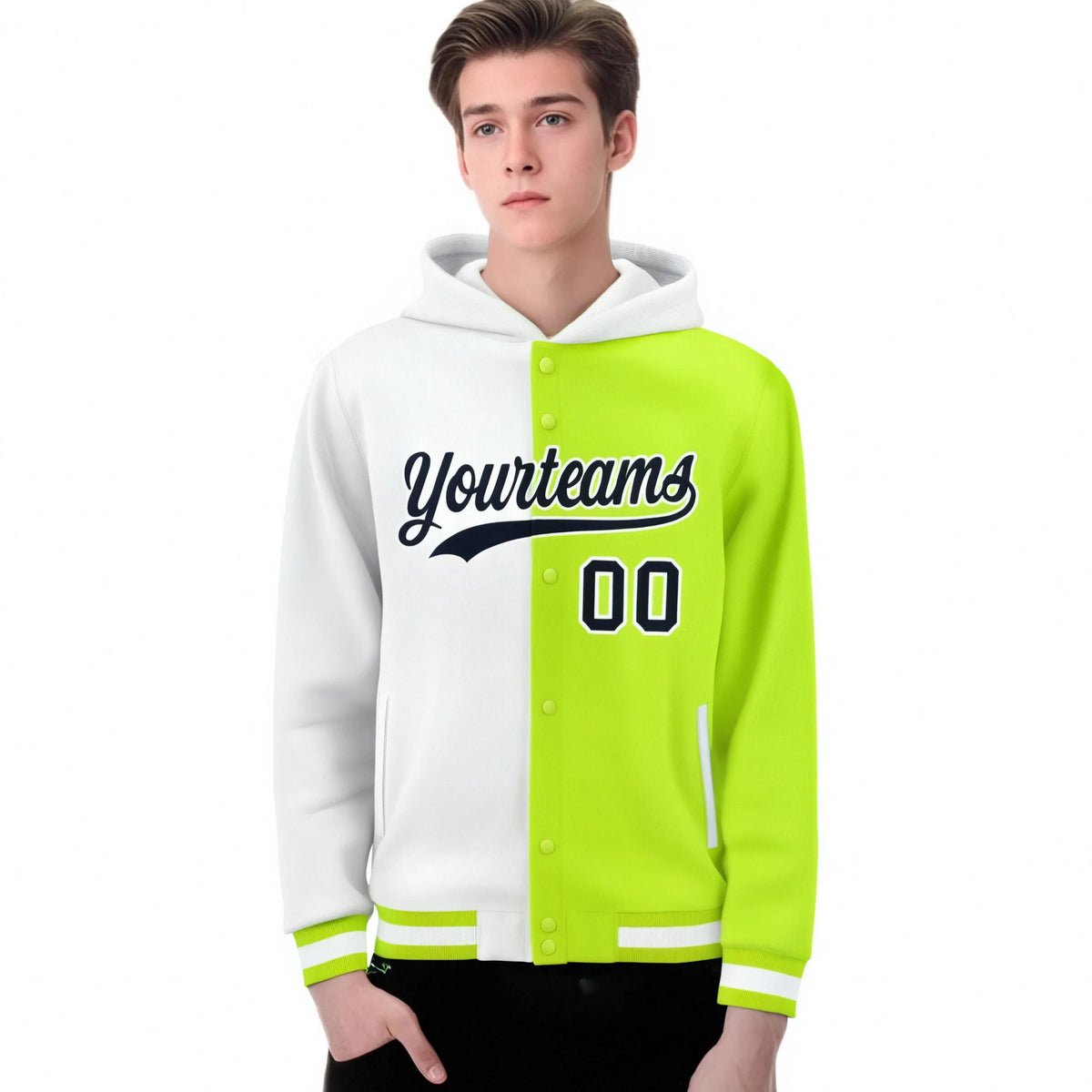 Custom White Fluorescent Green Split Fashion Varsity Full-Snap Letterman Two Tone Hoodie Jacket