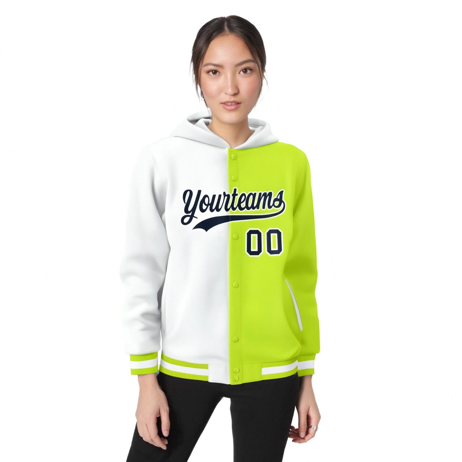 Custom White Fluorescent Green Split Fashion Varsity Full-Snap Letterman Two Tone Hoodie Jacket