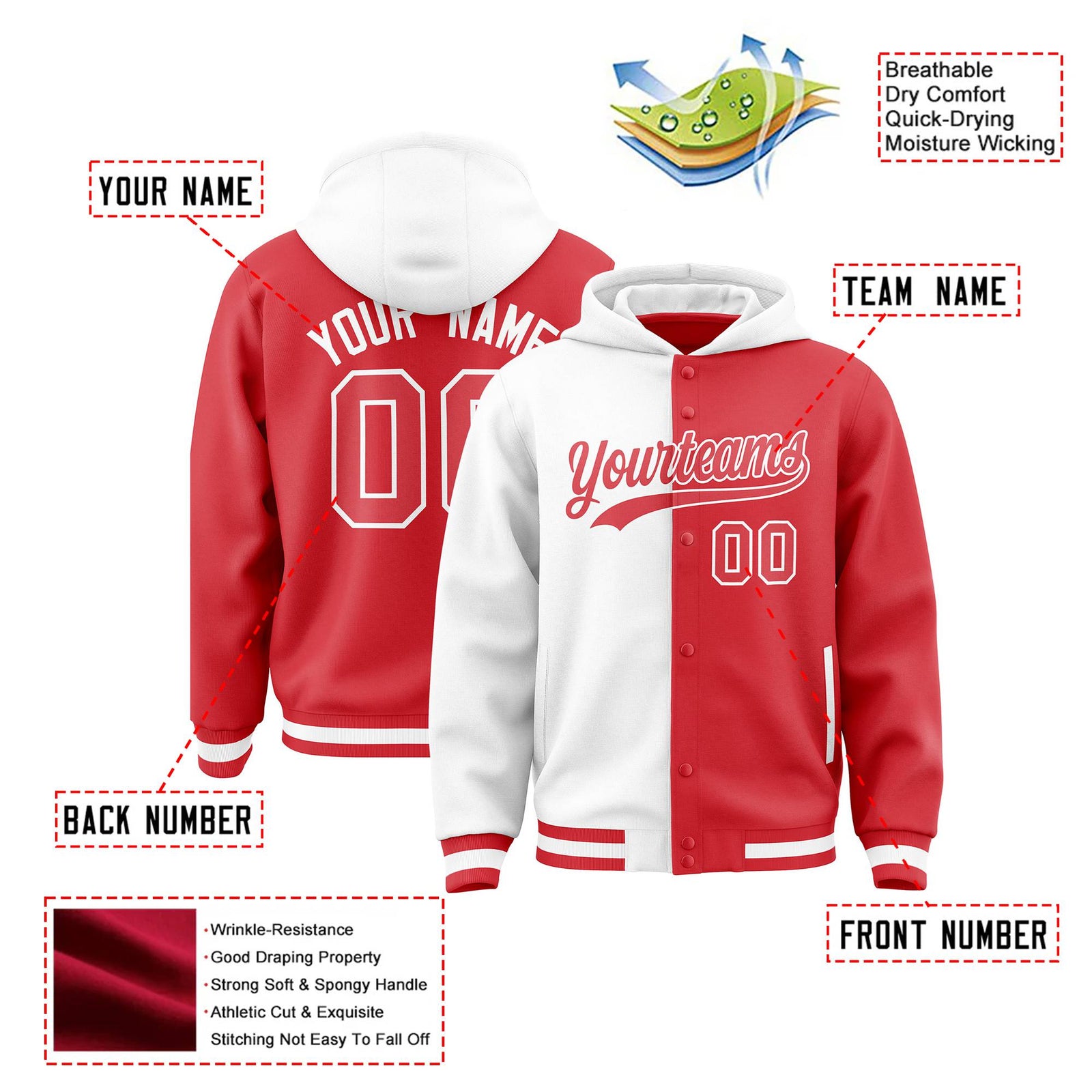 Custom White Red Split Fashion Varsity Full-Snap Letterman Two Tone Hoodie Jacket