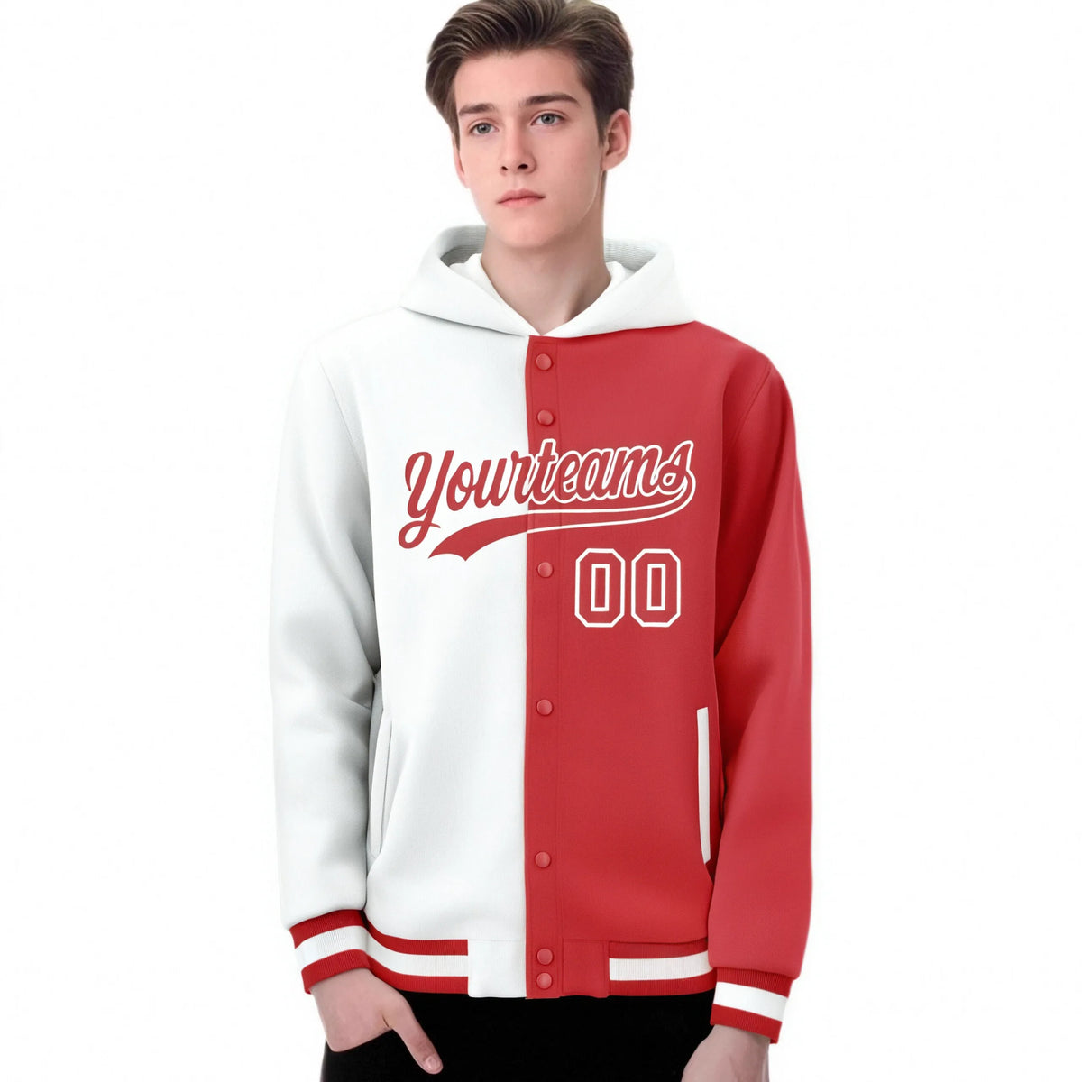 Custom White Red Split Fashion Varsity Full-Snap Letterman Two Tone Hoodie Jacket