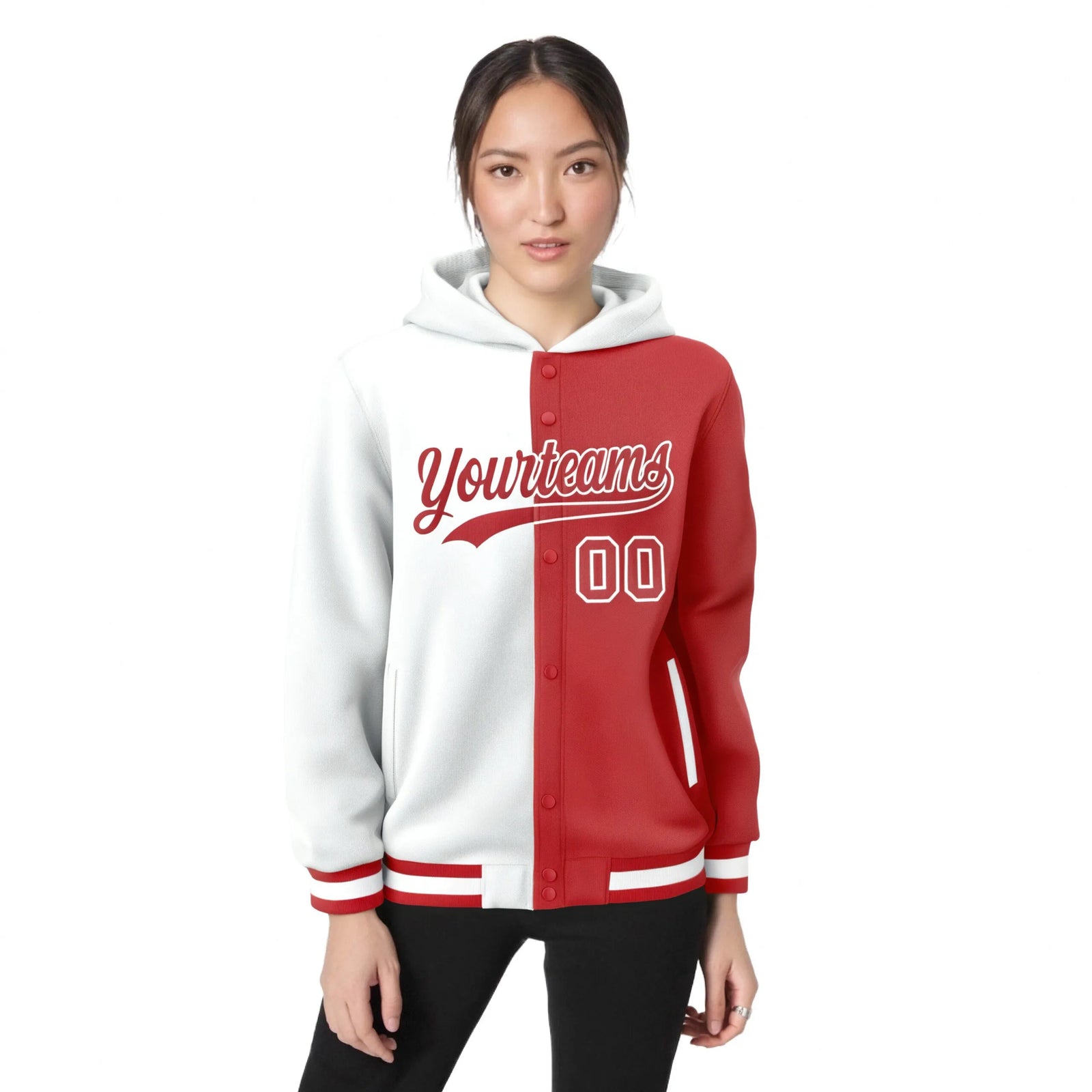Custom White Red Split Fashion Varsity Full-Snap Letterman Two Tone Hoodie Jacket