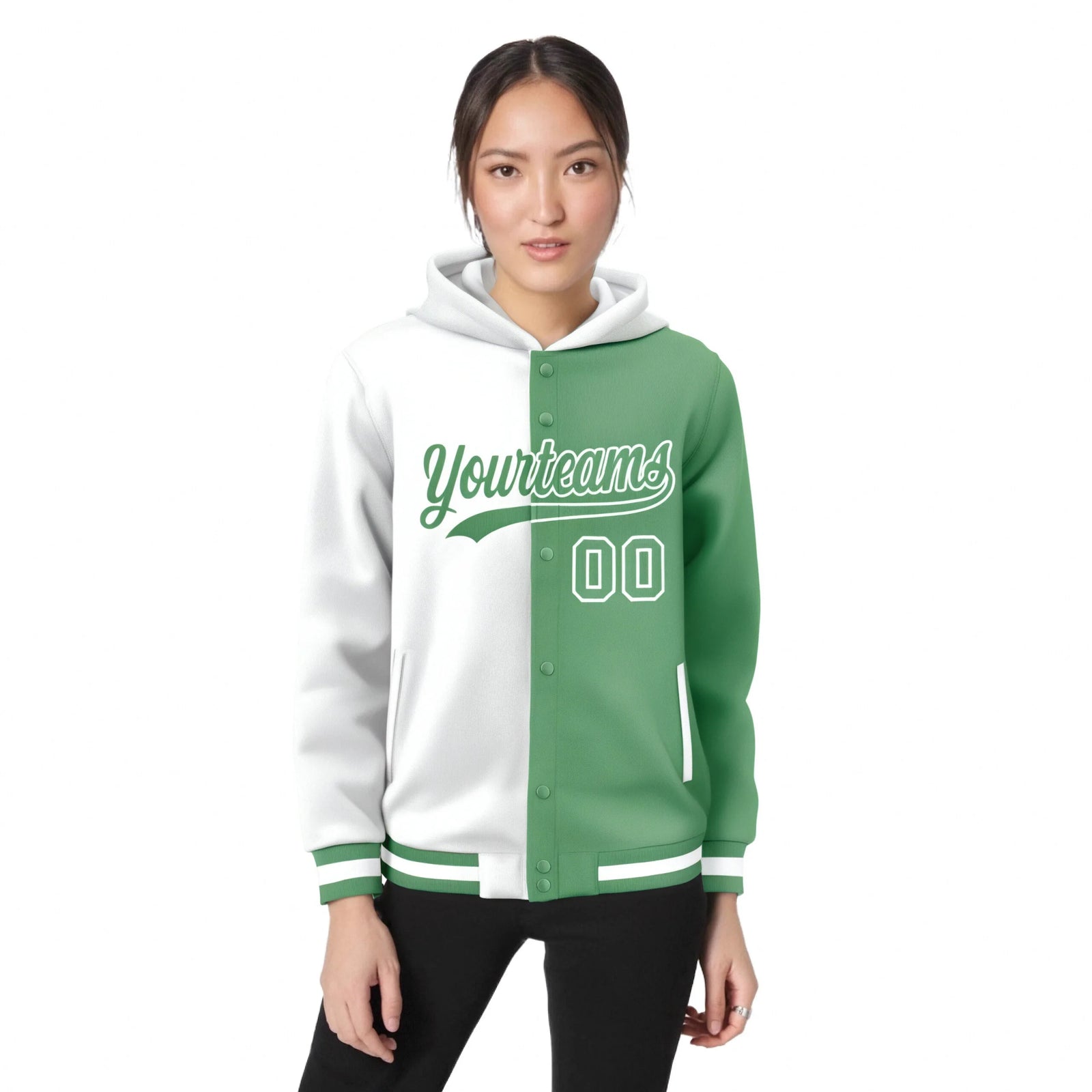 Custom White Bright Green Split Fashion Varsity Full-Snap Letterman Two Tone Hoodie Jacket