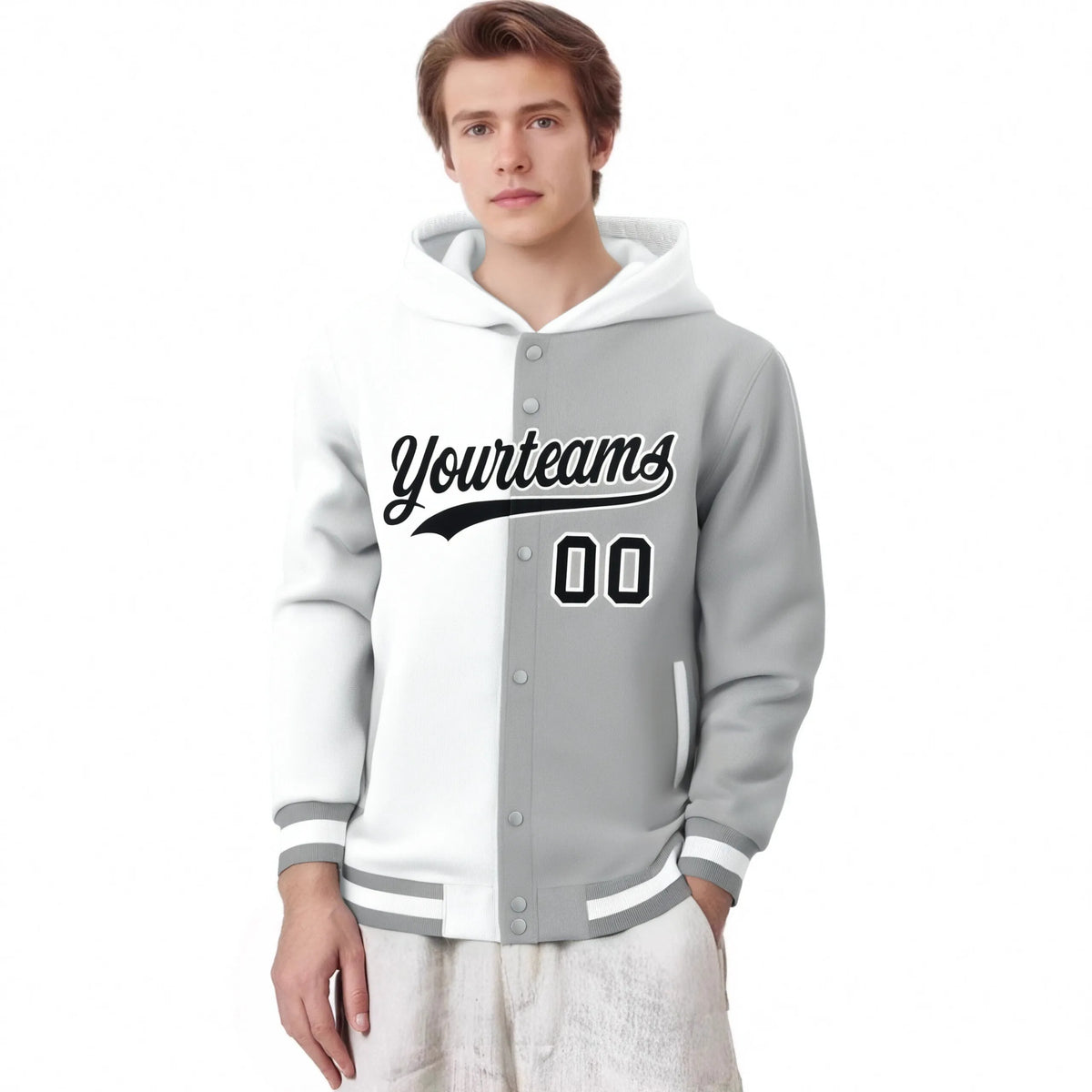 Custom White Gray Split Fashion Varsity Full-Snap Letterman Two Tone Hoodie Jacket