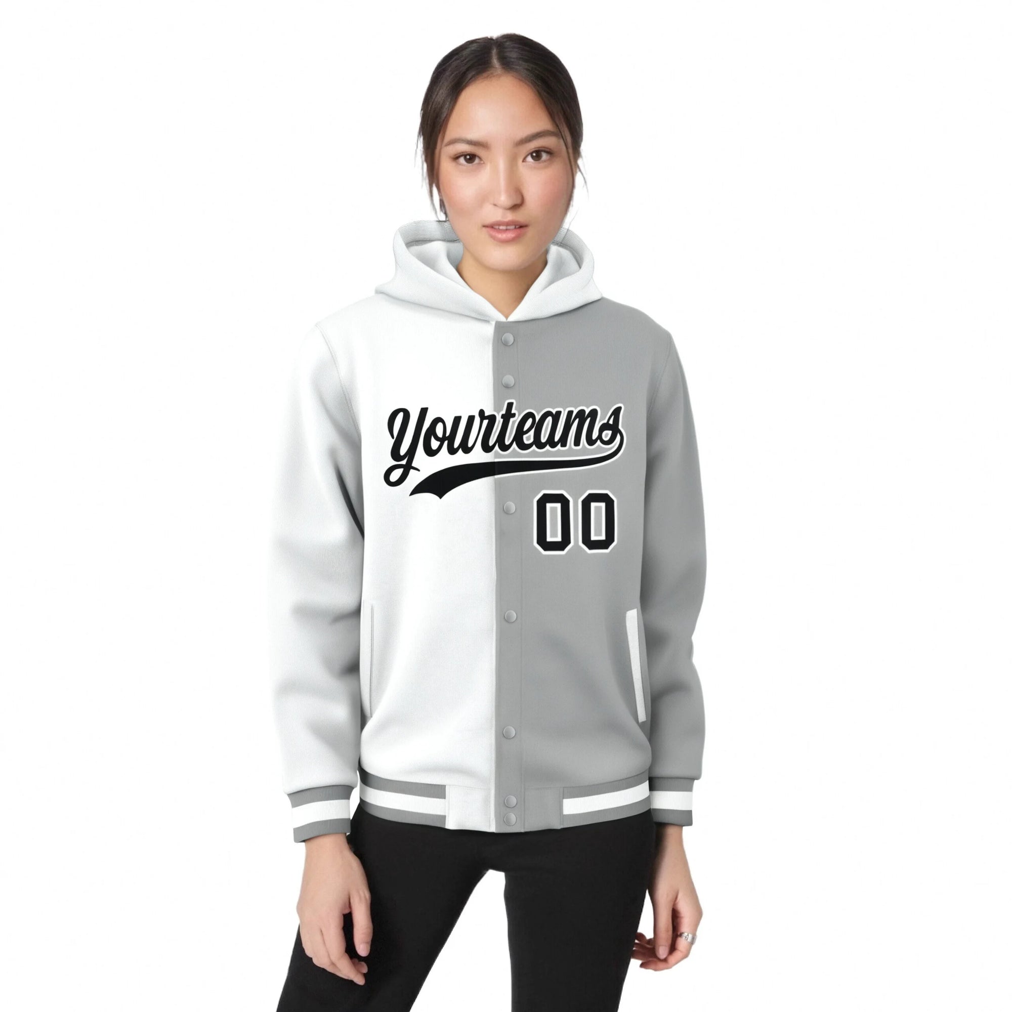 Custom White Gray Split Fashion Varsity Full-Snap Letterman Two Tone Hoodie Jacket