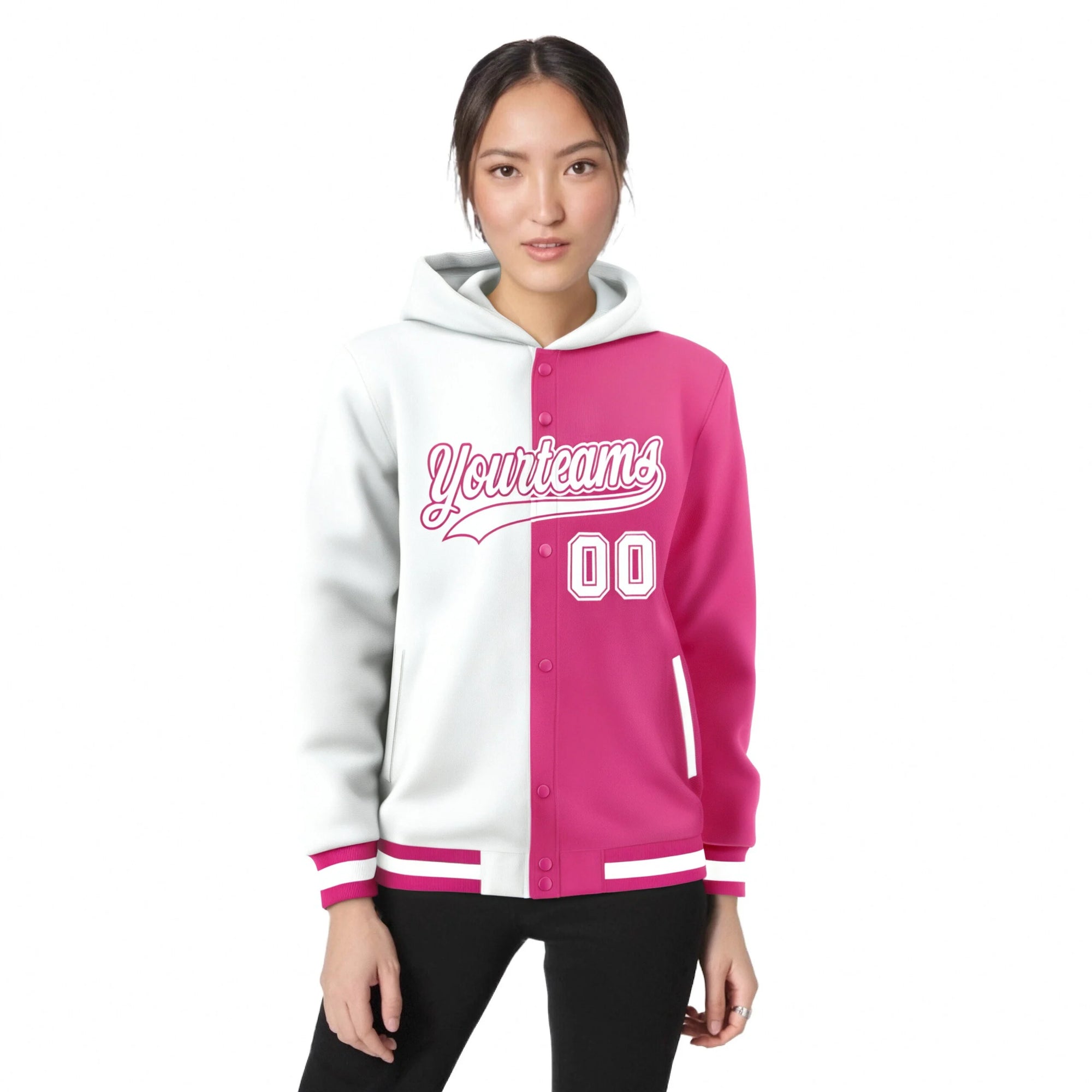 Custom White Pink Split Fashion Varsity Full-Snap Letterman Two Tone Hoodie Jacket