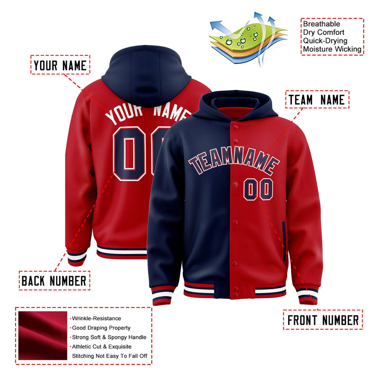 Custom Navy Red Split Fashion Varsity Full-Snap Letterman Two Tone Hoodie Jacket