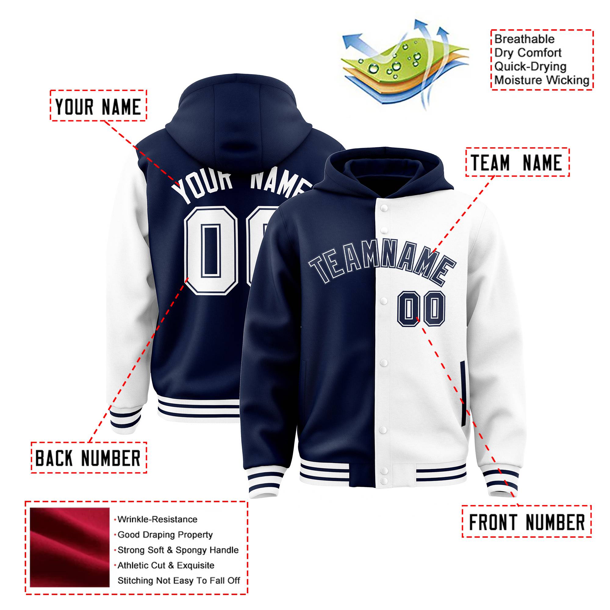 Custom Navy White Split Fashion Varsity Full-Snap Letterman Two Tone Hoodie Jacket