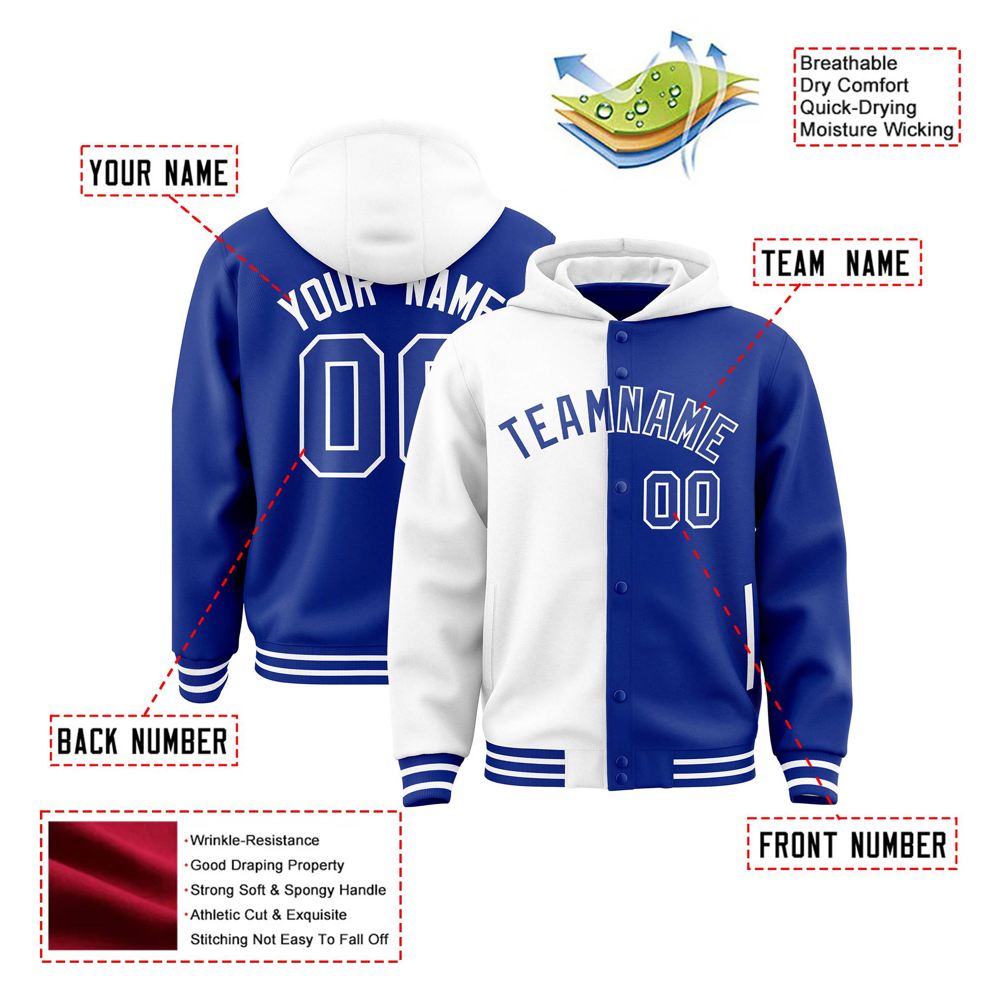 Custom White Royal Blue Split Fashion Varsity Full-Snap Letterman Two Tone Hoodie Jacket