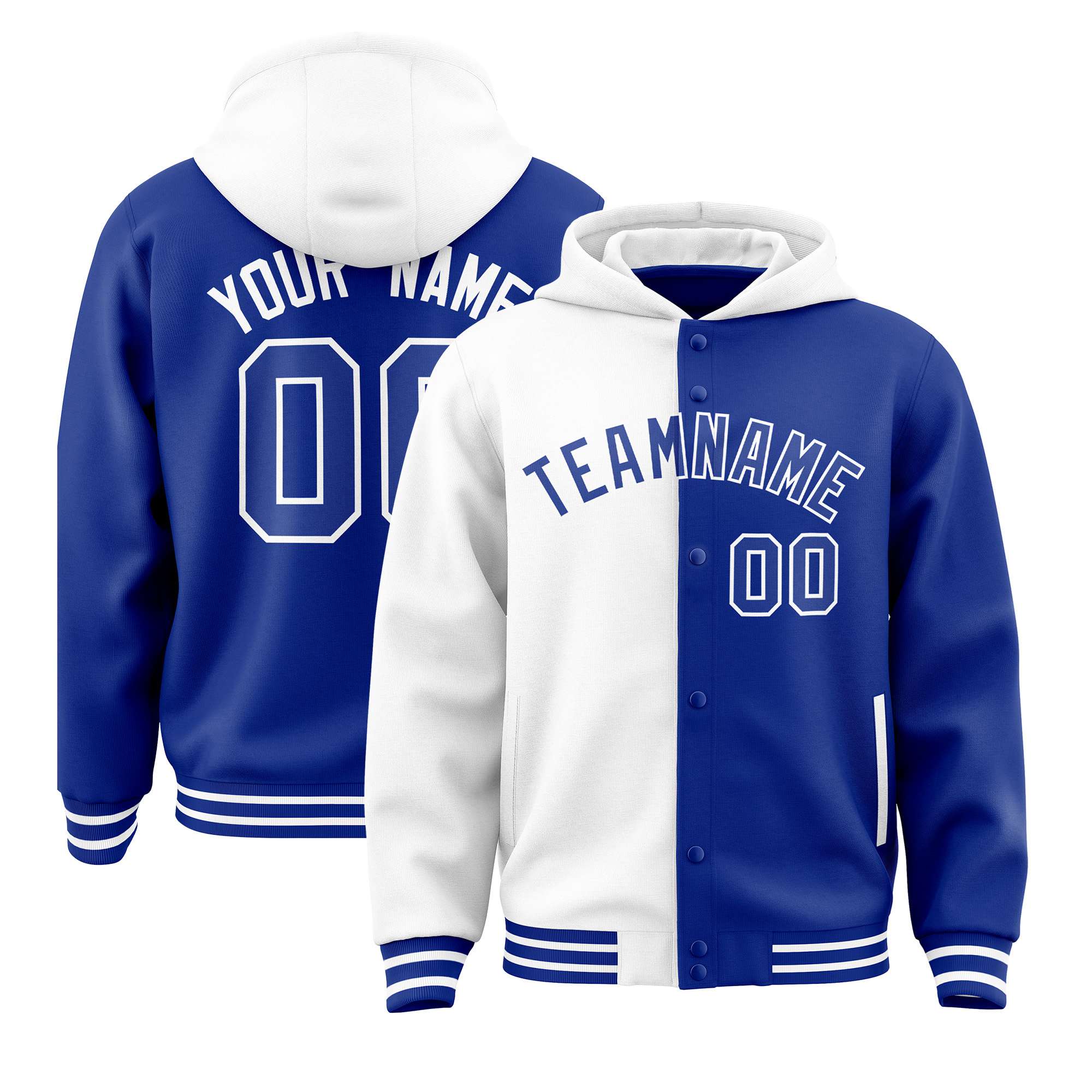 Custom White Royal Blue Split Fashion Varsity Full-Snap Letterman Two Tone Hoodie Jacket