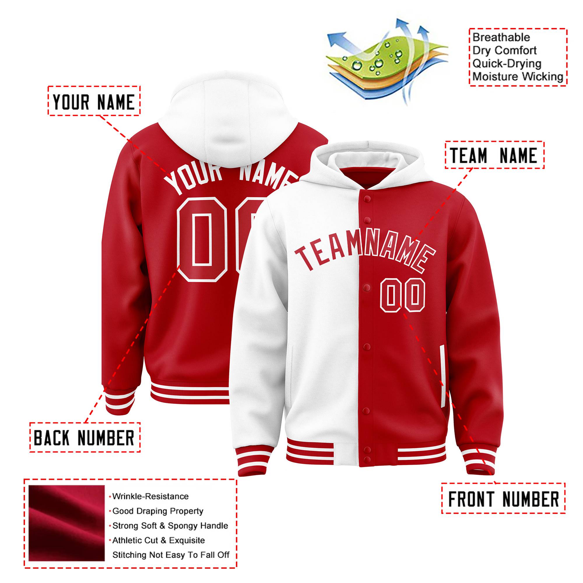 Custom White Red Split Fashion Varsity Full-Snap Letterman Two Tone Hoodie Jacket