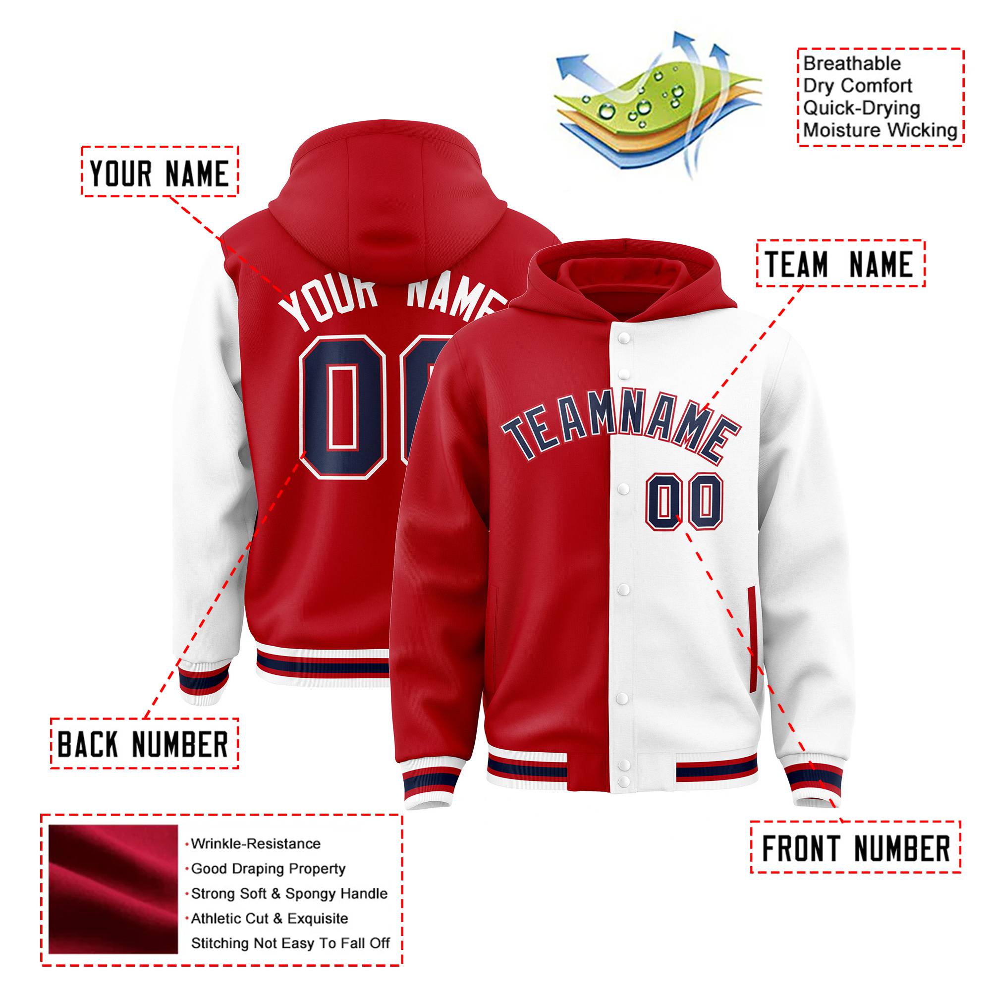 Custom Red White Split Fashion Varsity Full-Snap Letterman Two Tone Hoodie Jacket