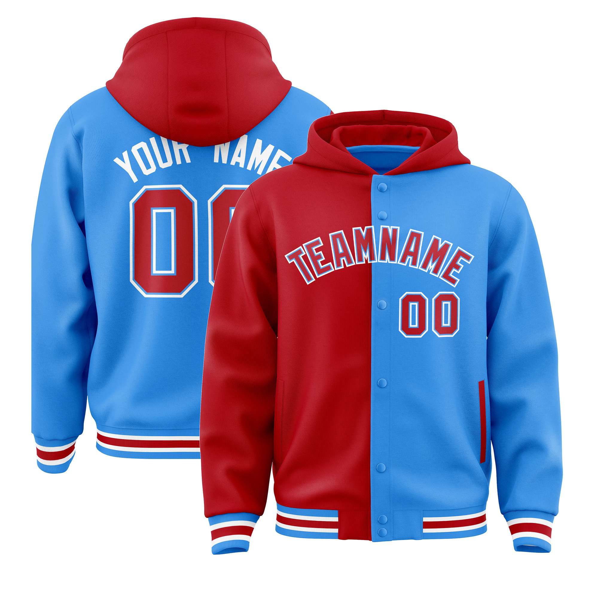 Custom Red Powder Blue Split Fashion Varsity Full-Snap Letterman Two Tone Hoodie Jacket