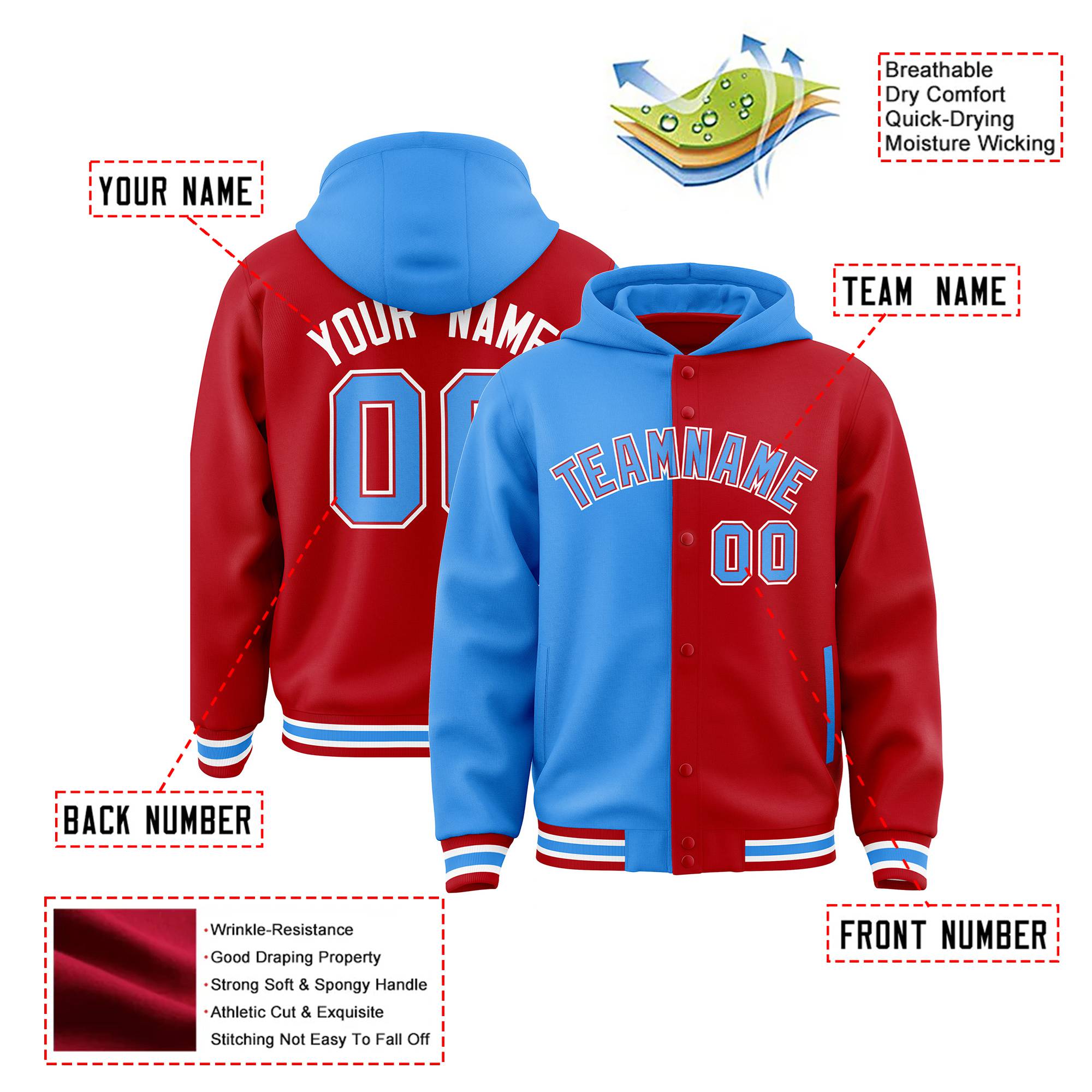 Custom Powder Blue Red Split Fashion Varsity Full-Snap Letterman Two Tone Hoodie Jacket